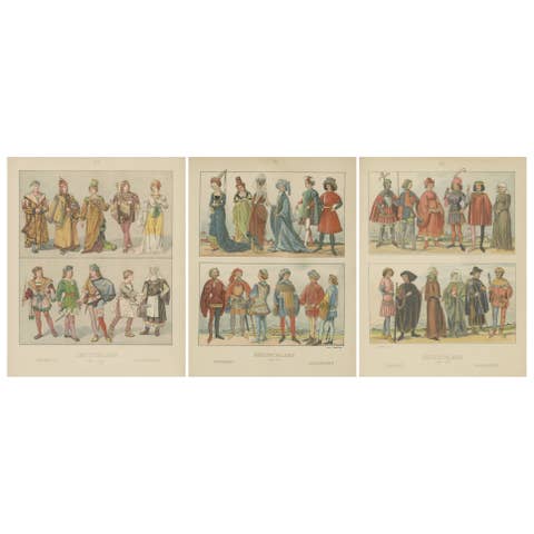 German Costume History 1450–1670, Set of Three Antique Hand-Colored Prints, 1880