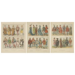 German Costume History 1450–1670, Set of Three Antique Hand-Colored Prints, 1880 German Costume History 1450–1670, Set of Three Antique Hand-Colored Prints, 1880