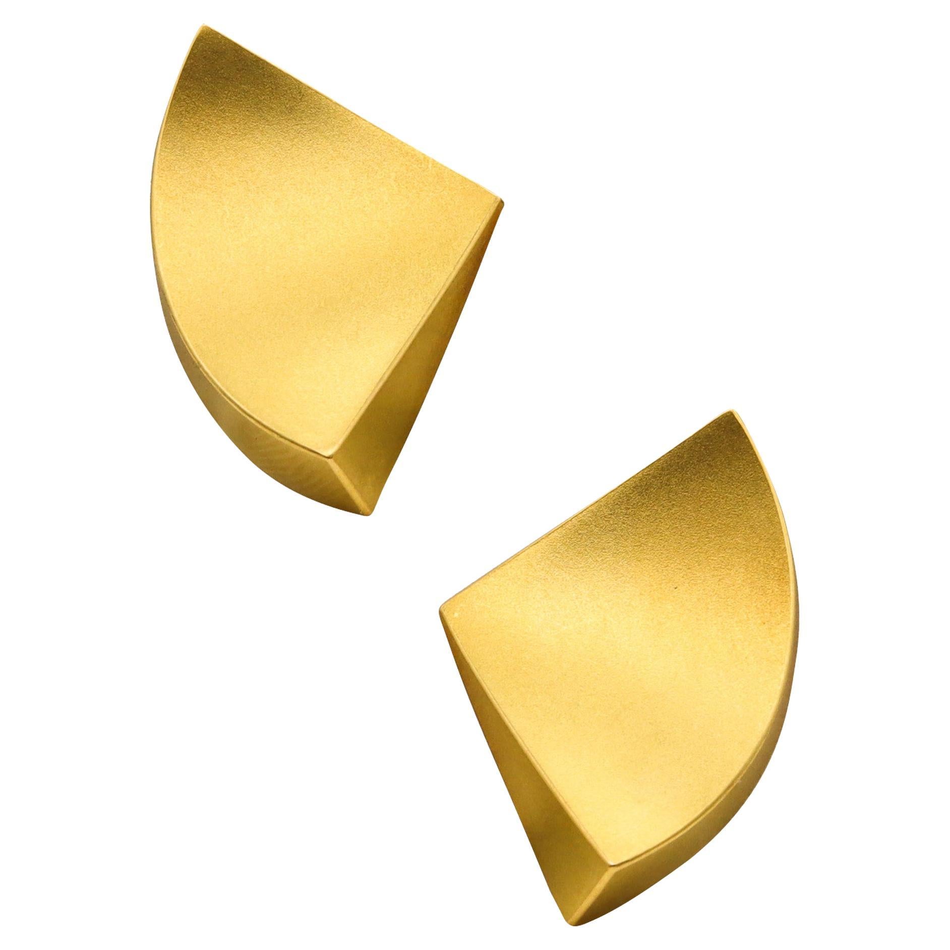 German Designer Bauhaus Geometric Triangular Clips on Earrings in 18kt Gold For Sale