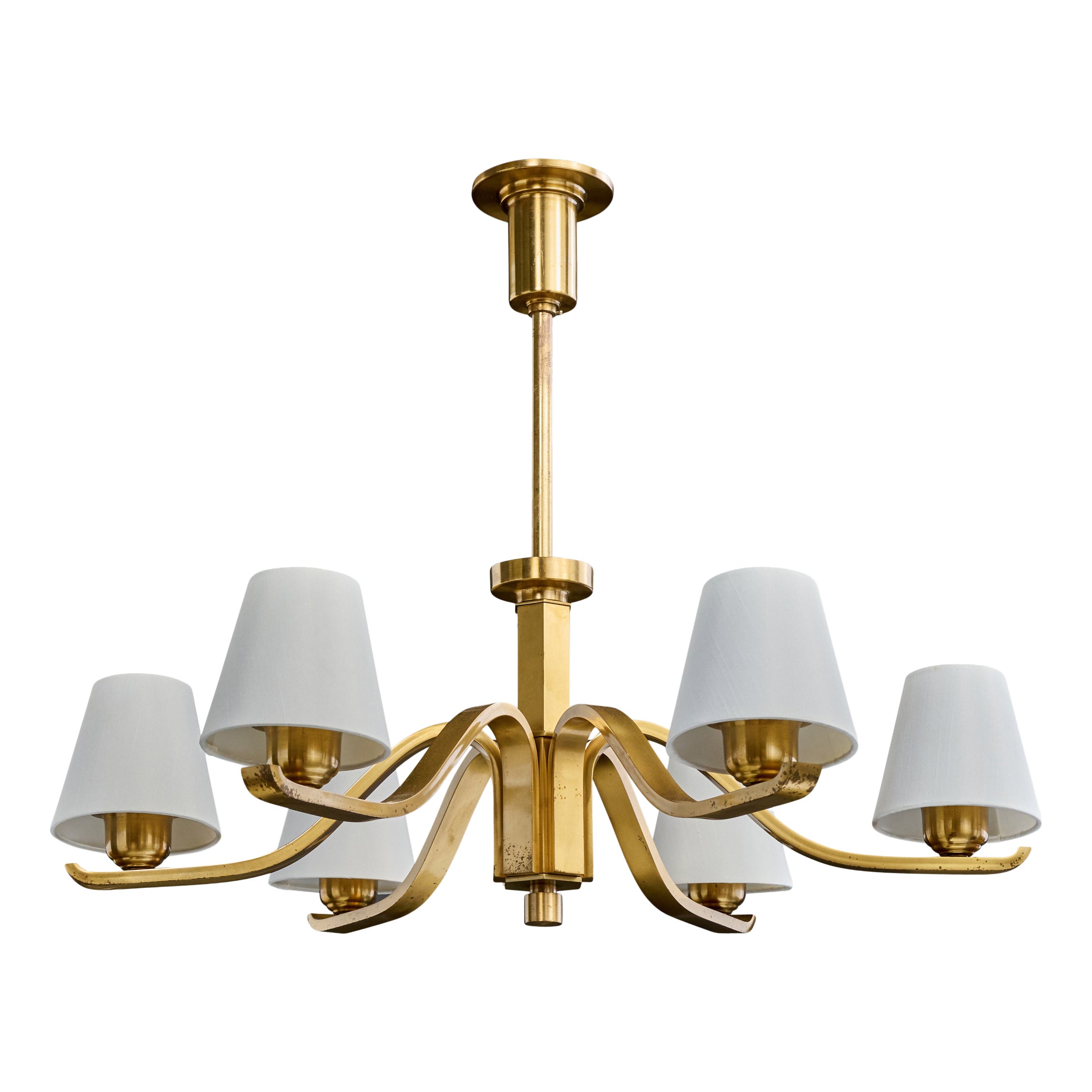 German Designer, Chandelier, Brass, Fabric, Germany, 1920s