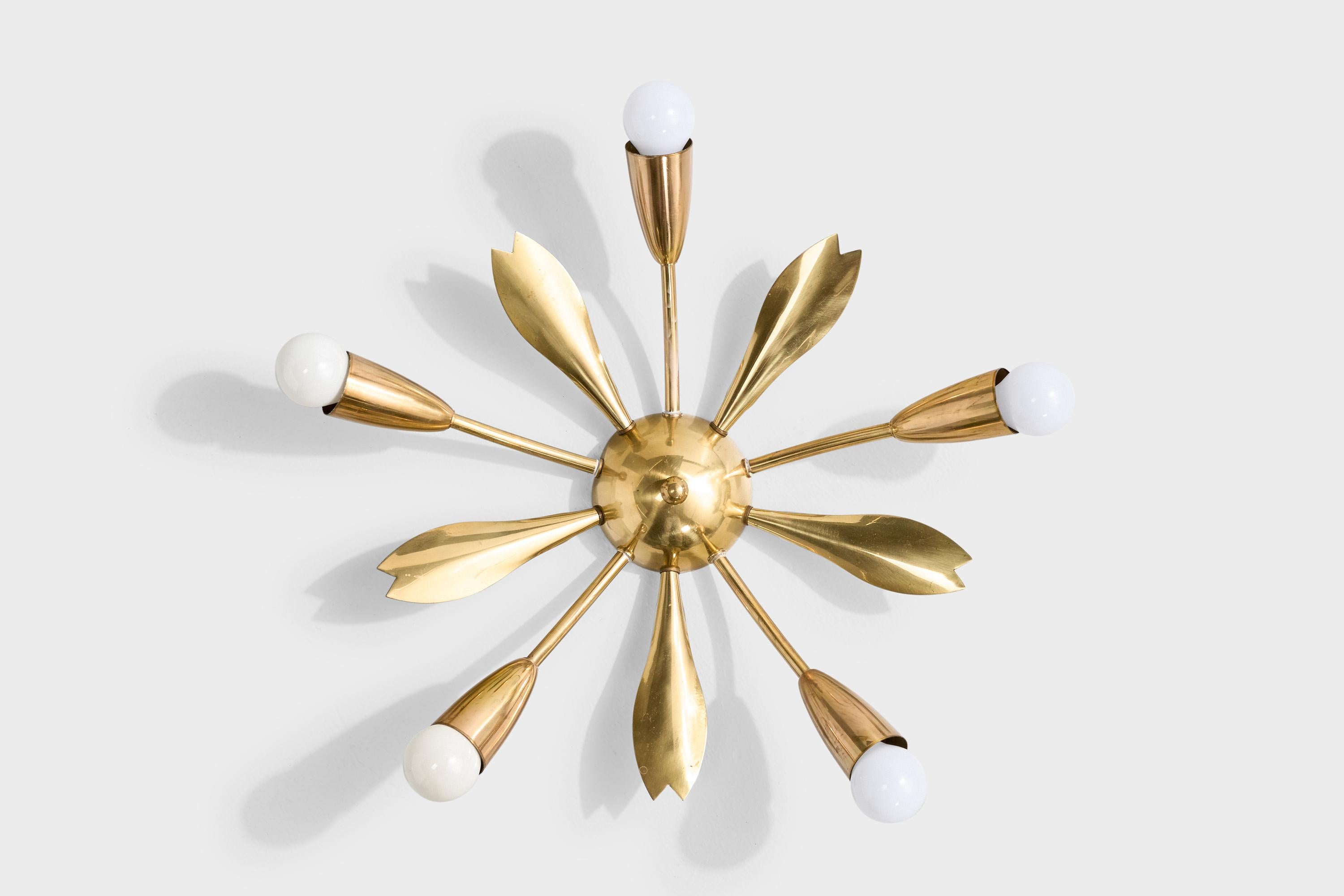 German Designer, Chandelier, Brass, Germany, 1950s For Sale 1