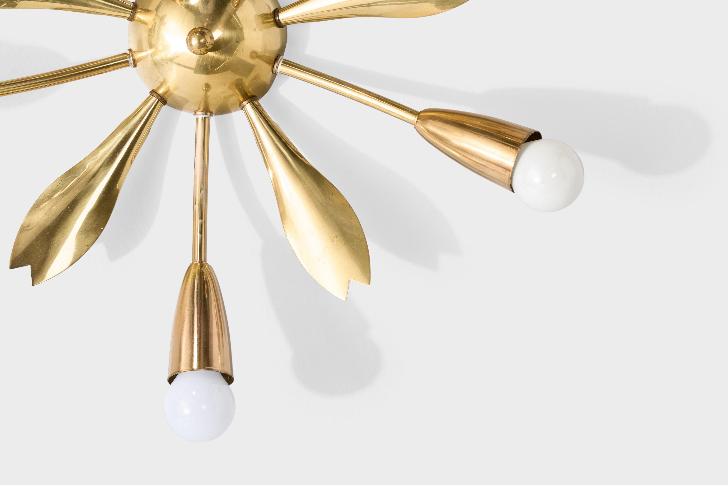 German Designer, Chandelier, Brass, Germany, 1950s For Sale 2