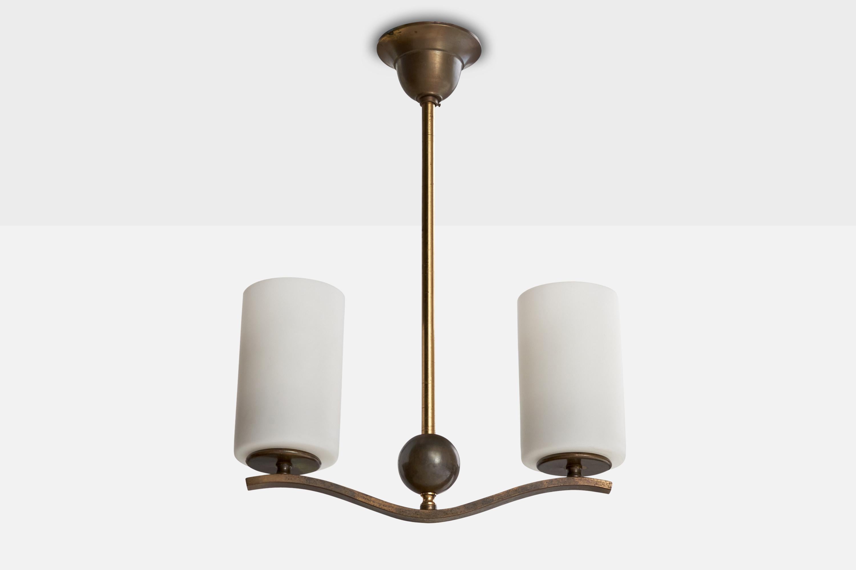 A brass and white opaline glass chandelier designed and produced in Germany, c. 1920s.

Overall Dimensions (inches): 18” H x 13.25” W x 4” D

Dimensions of Canopy:  2.25” H x 4” diameter

Stem length: 12.375” H

Bulb Specifications: E-26  

Number
