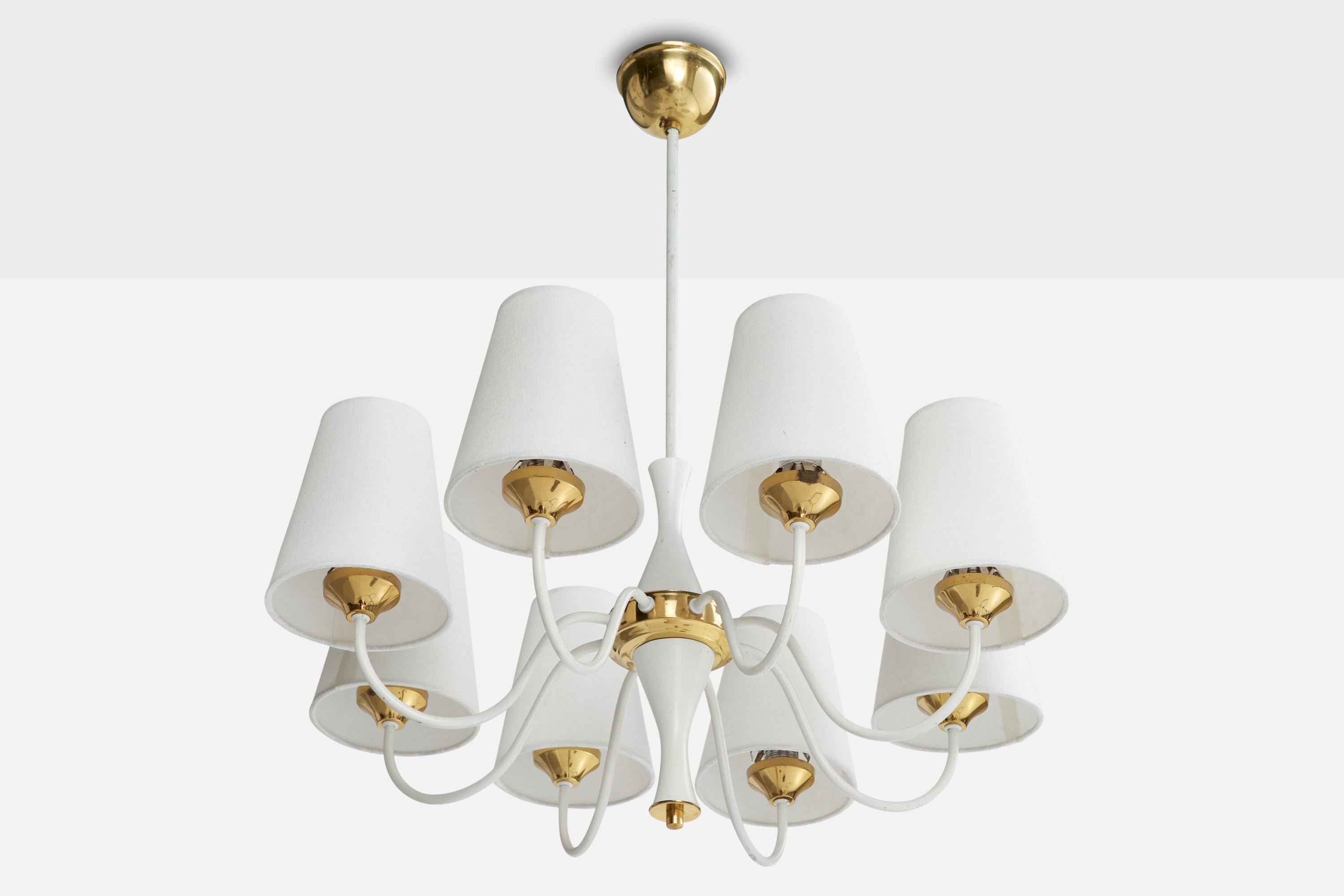 A brass, white lacquered metal and white fabric chandelier designed and produced in Germany, c. 1960s.

Overall Dimensions (inches): 29.25” H x  23.25” Diameter

Dimensions of Canopy:  2.5” H x 3.5” W x 3.5” D

Stem length: 15” H

Bulb