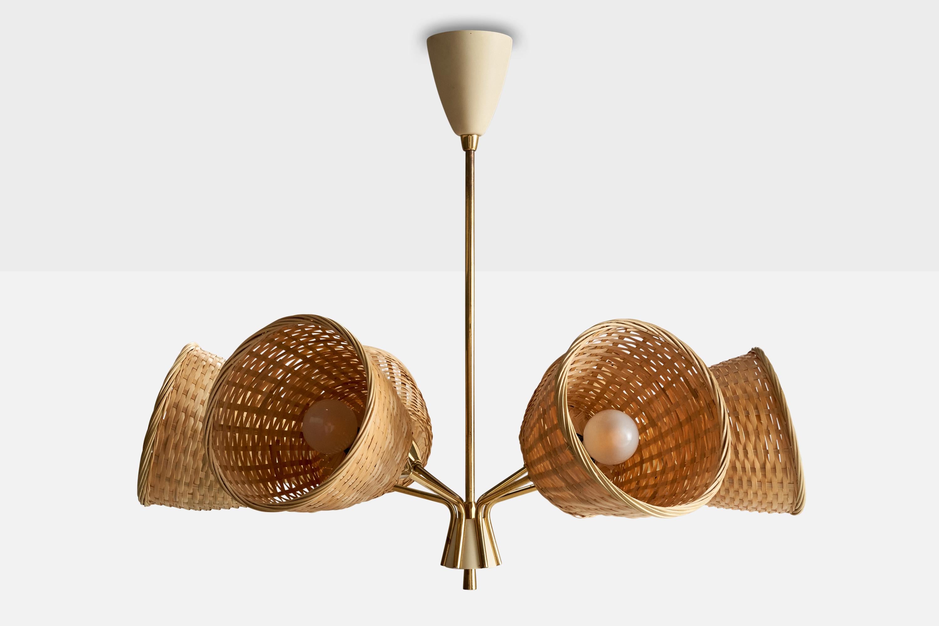 Mid-Century Modern German Designer, Chandelier, Brass, Metal, Rattan, Germany, 1950s