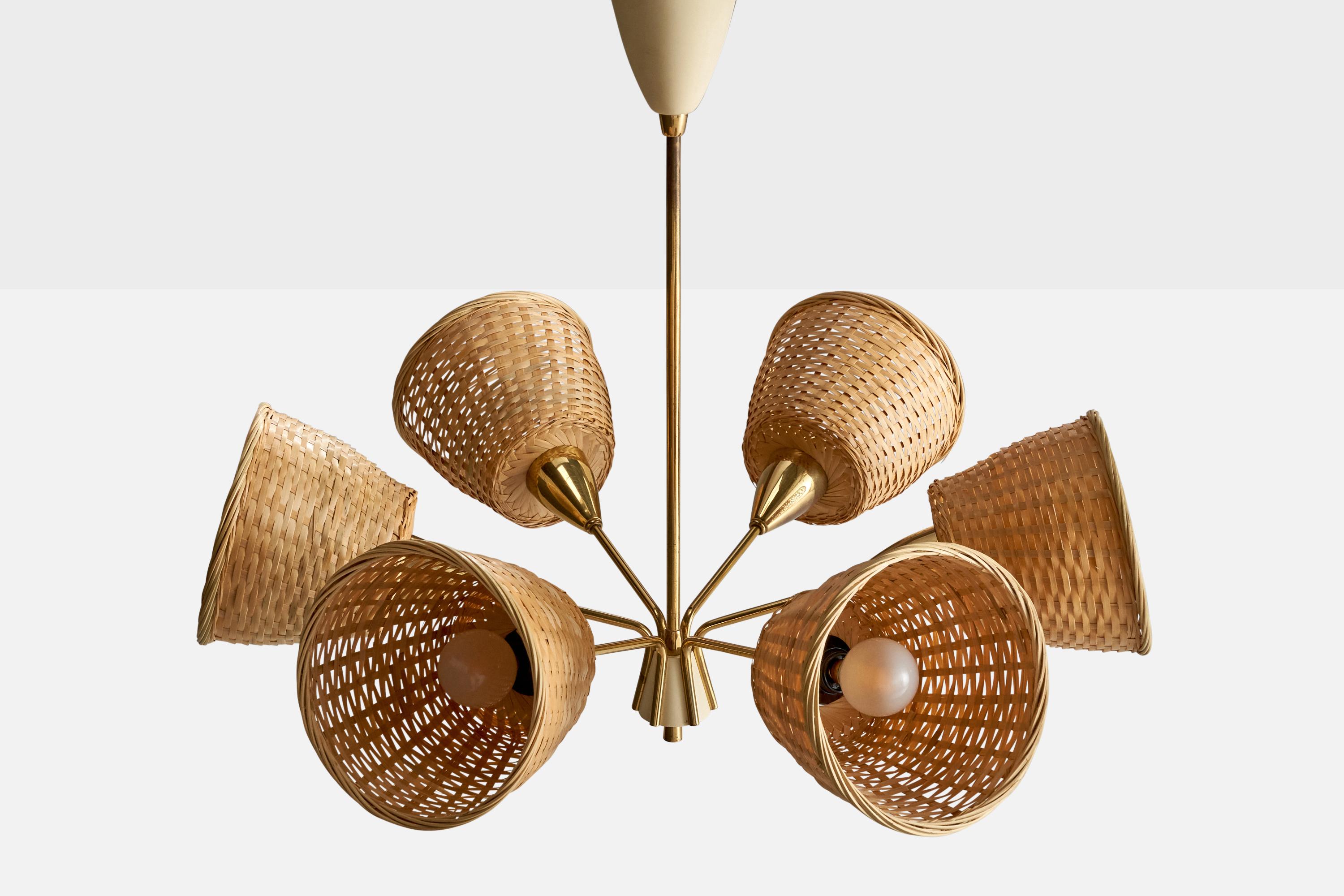 German Designer, Chandelier, Brass, Metal, Rattan, Germany, 1950s In Good Condition In High Point, NC