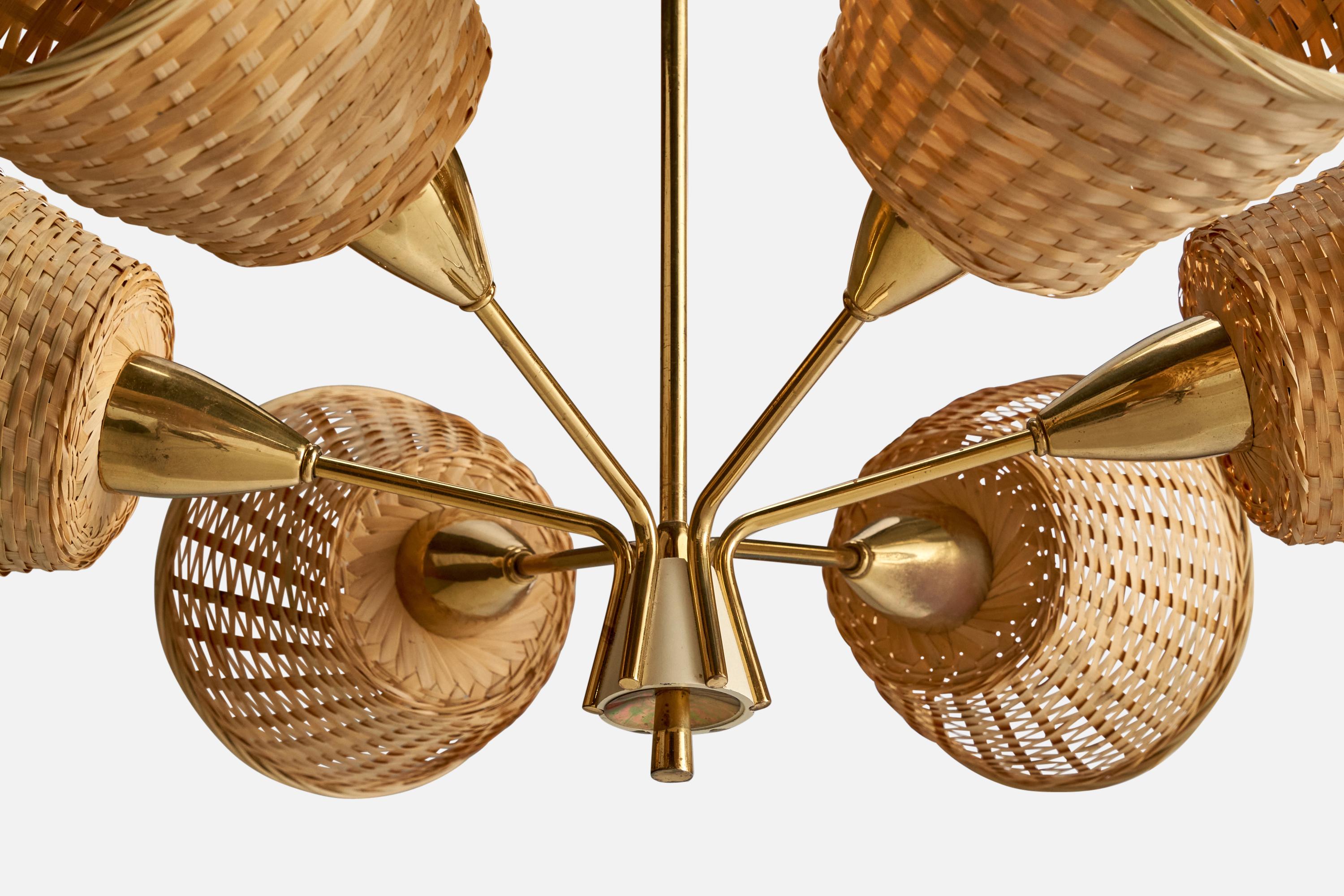 Mid-20th Century German Designer, Chandelier, Brass, Metal, Rattan, Germany, 1950s