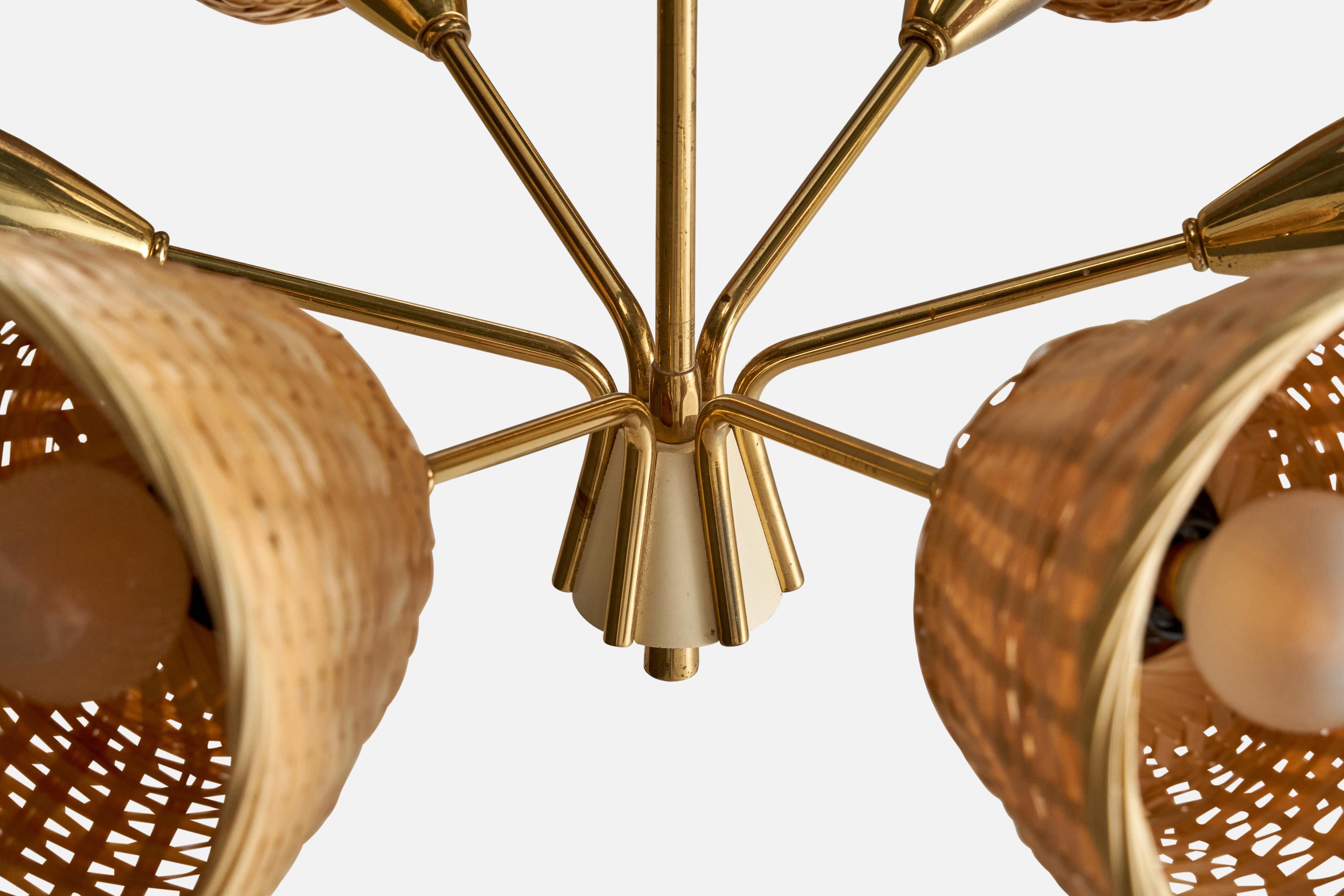 German Designer, Chandelier, Brass, Metal, Rattan, Germany, 1950s 2