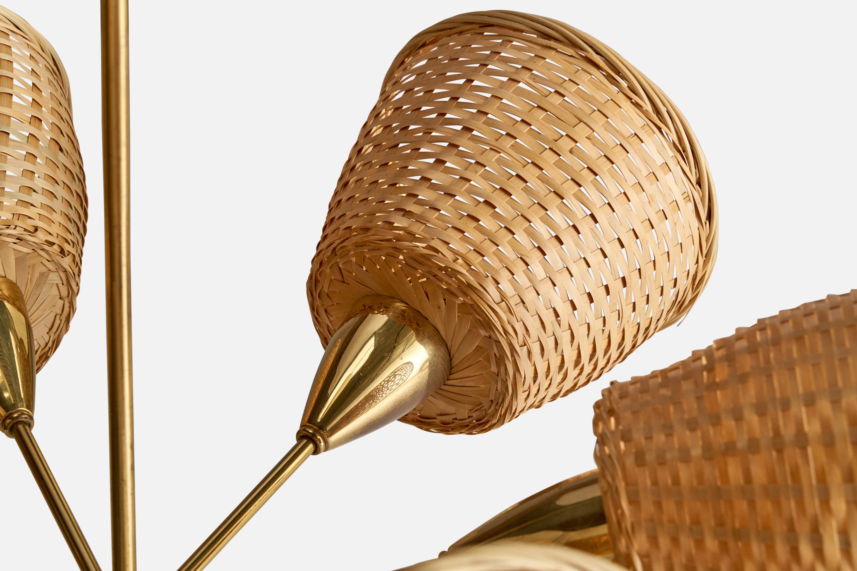 German Designer, Chandelier, Brass, Metal, Rattan, Germany, 1950s 3