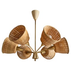German Designer, Chandelier, Brass, Metal, Rattan, Germany, 1950s
