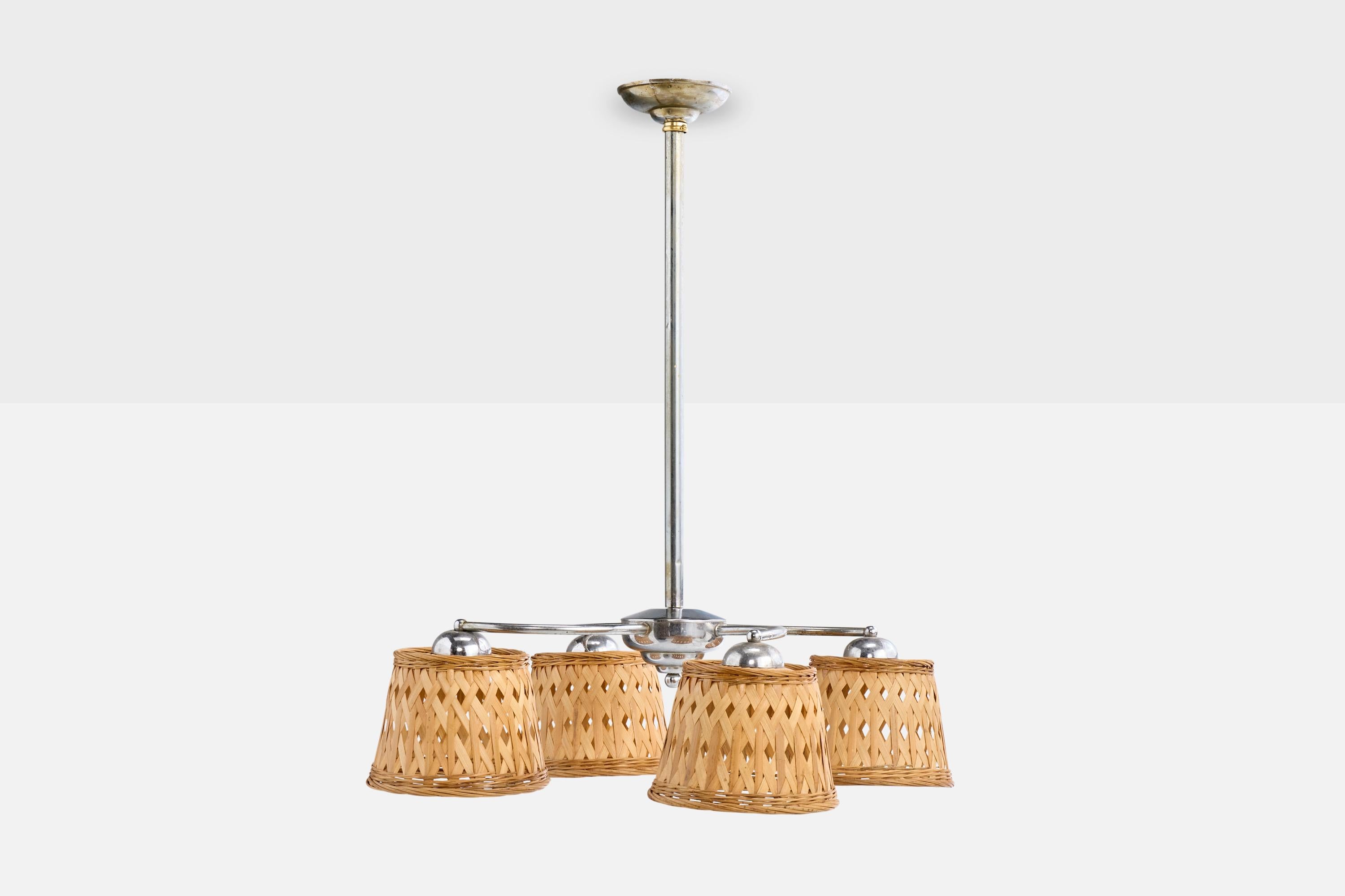 Early 20th Century German Designer, Chandelier, Chrome, Rattan, Germany, 1920s For Sale