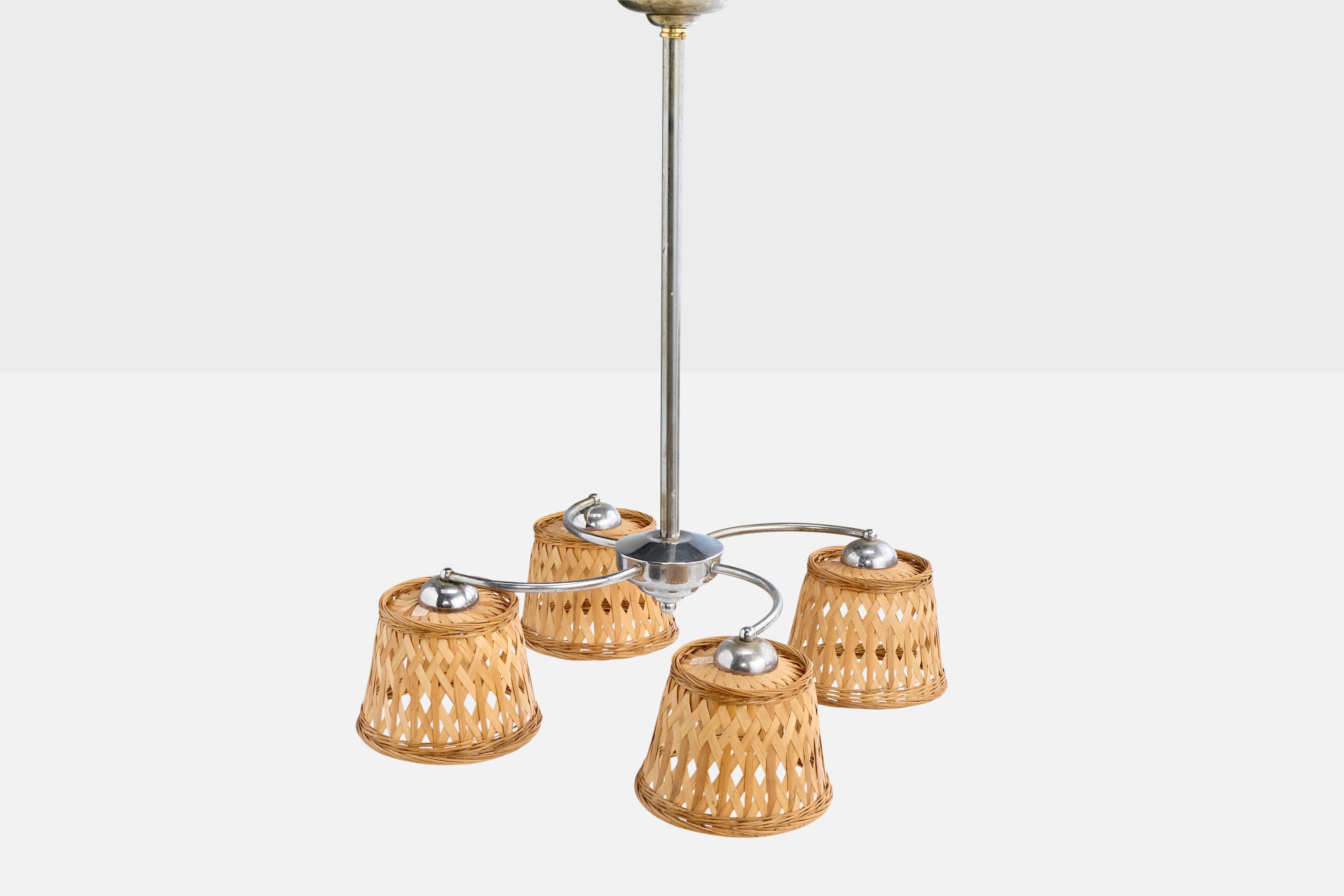 German Designer, Chandelier, Chrome, Rattan, Germany, 1920s For Sale 1