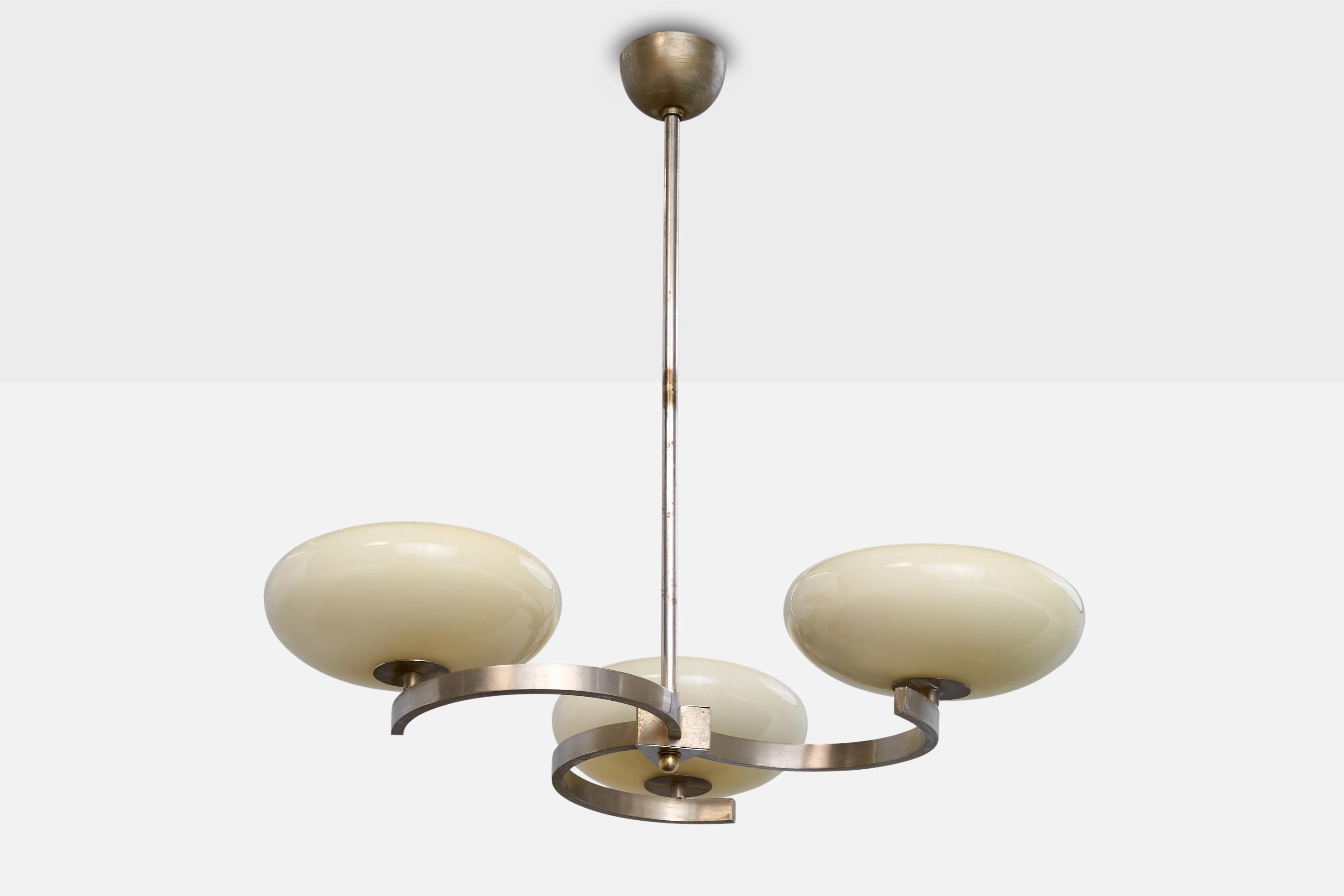 A nickel-plated metal and off white opaline glass chandelier likely designed and produced in Germany, c. 1920s.

Overall Dimensions (inches): 25” H x 22” Diameter

Dimensions of Canopy: 2.25“ H x 3.625” Diameter 

Stem length: 20” H

Bulb