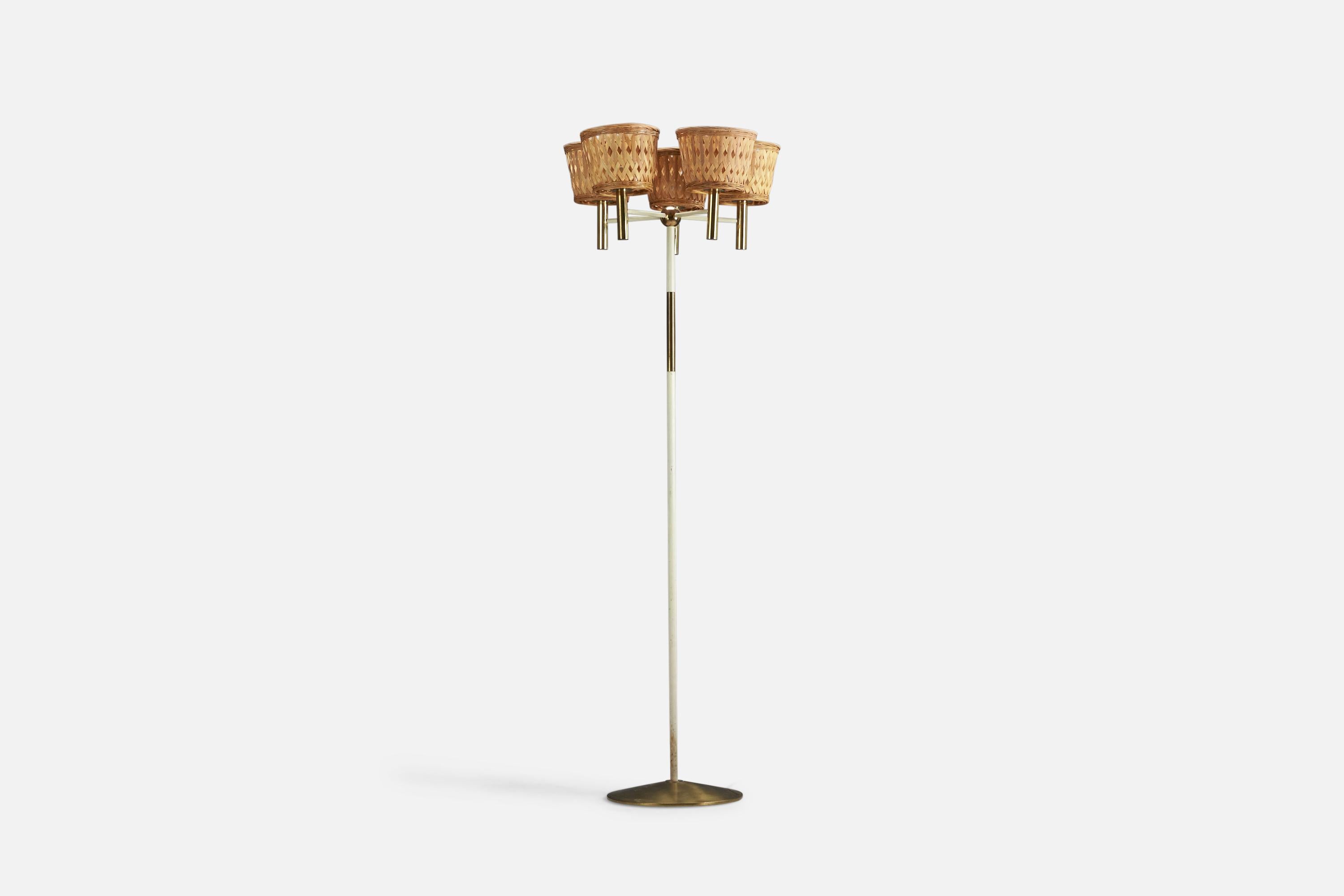A brass and metal floor lamp designed and produced in Germany, 1950s.

Dimensions stated are of Floor Lamp with Lampshades. 

Sockets take E-14 bulbs.

There is no maximum wattage stated on the fixture.