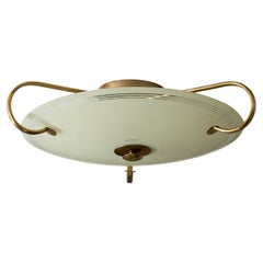 German Designer, Flush Mount, Brass, Glass, Germany, 1950s