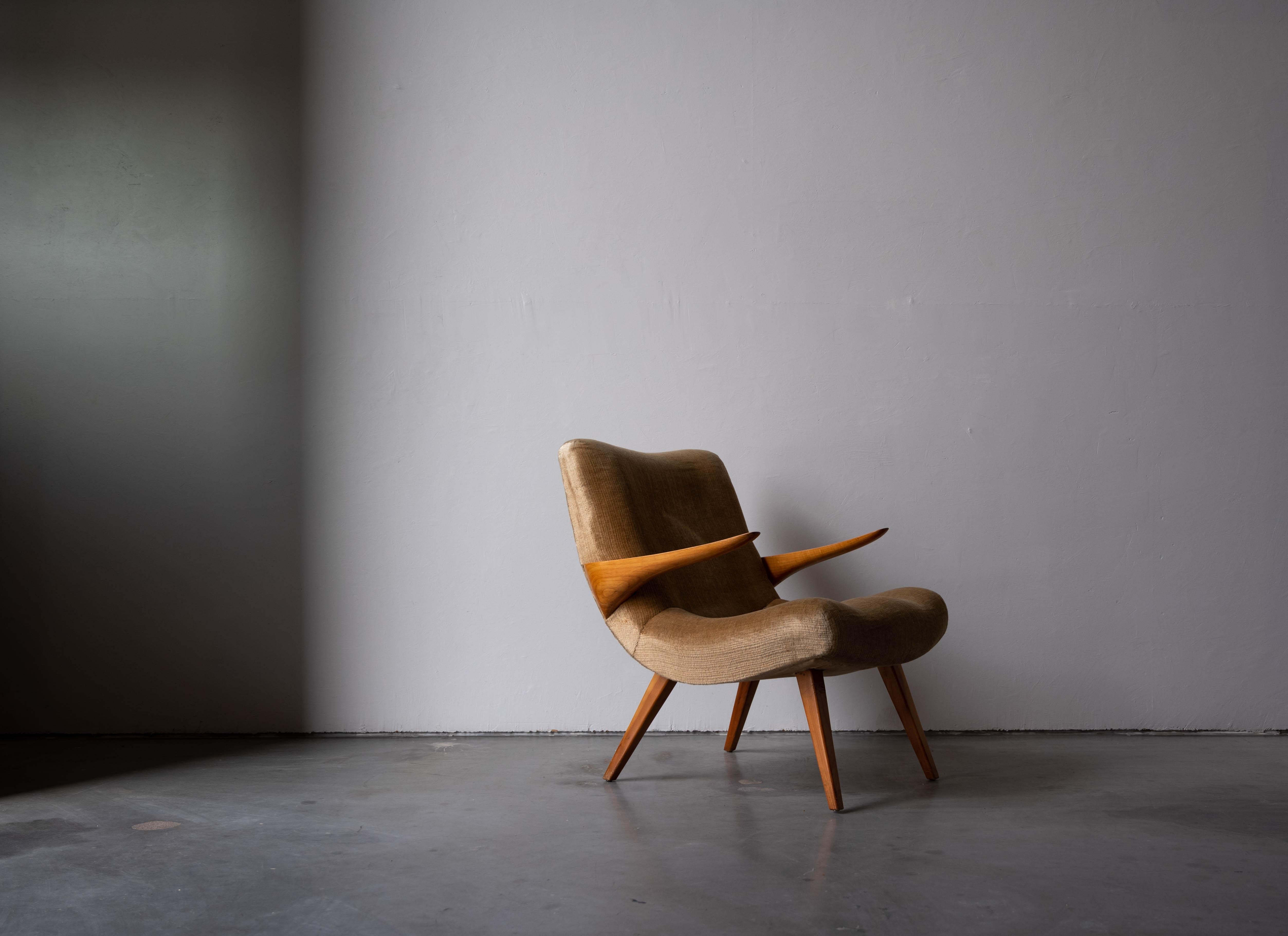 Mid-Century Modern German Designer, Lounge Chair, Yellow Mohair, Teak, Germany, 1950s
