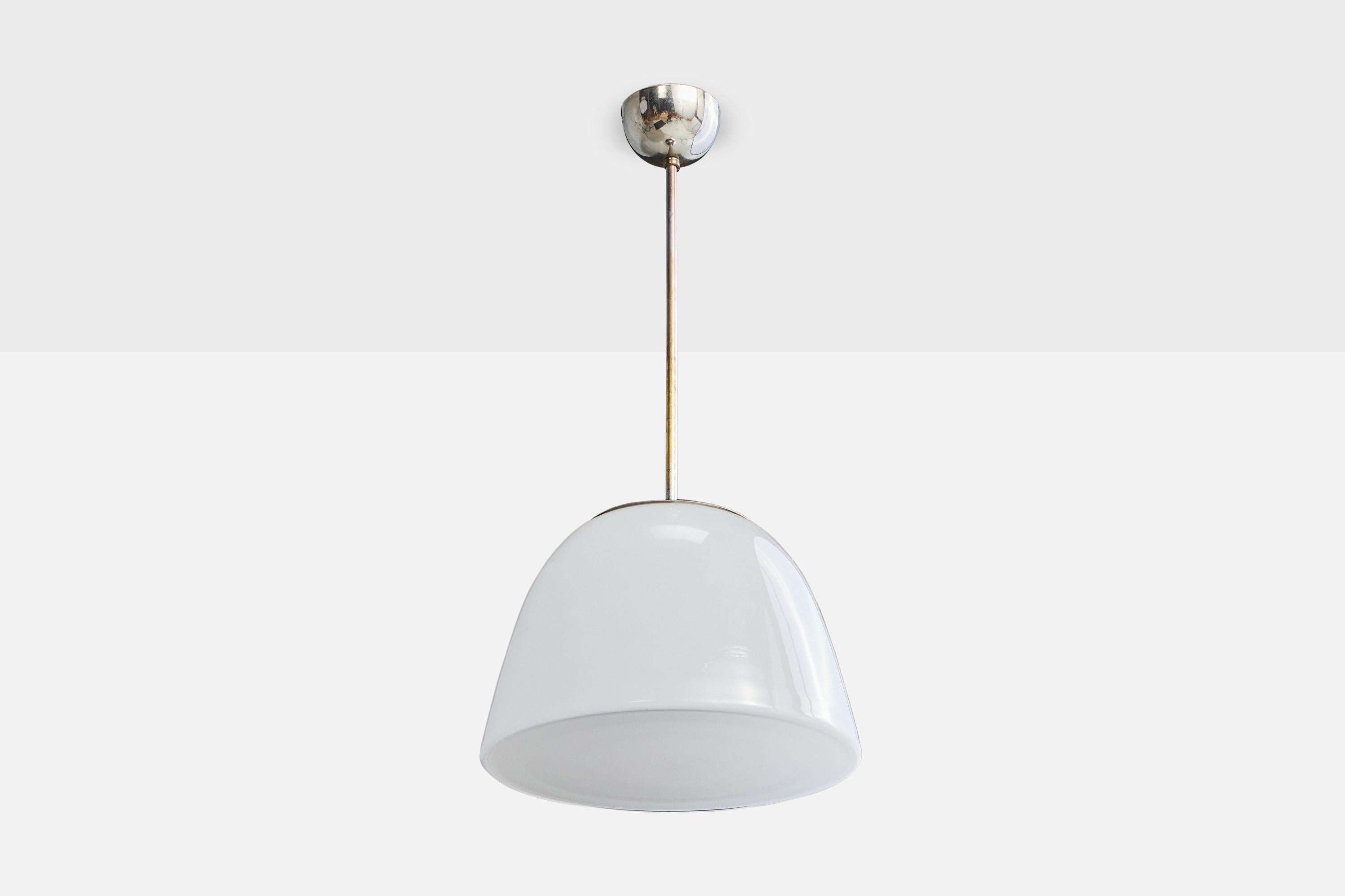 A chrome-plated metal and white opaline glass pendant light likely designed and produced in Germany, c. 1930s.

Overall Dimensions (inches): 24.5