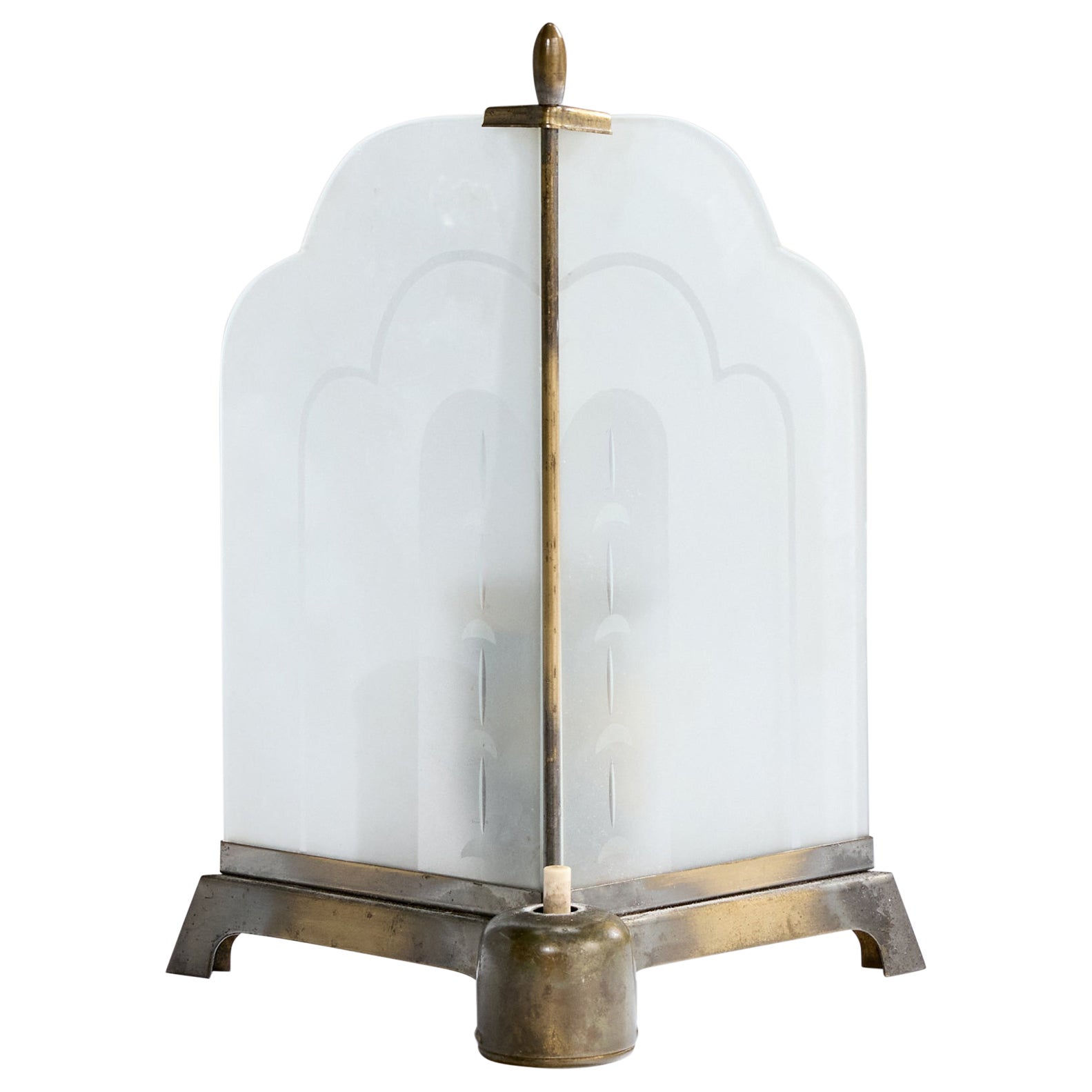 German Designer, Table Lamp, Brass, Glass, Germany, 1920s