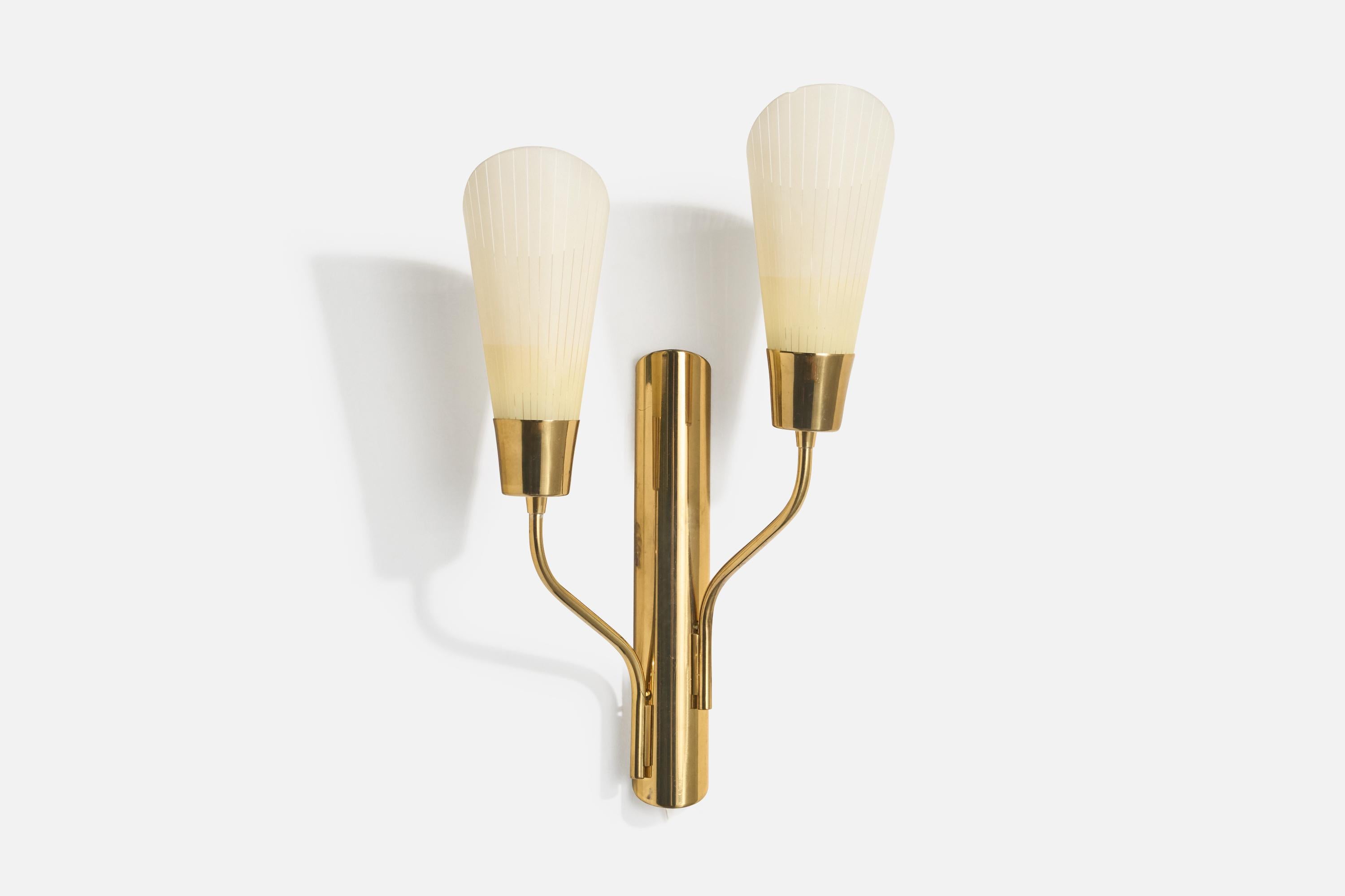 A brass and opaline glass wall light likely designed and produced in Germany, c. 1950s.

Small chip at top of one glass shade.

Overall Dimensions (Inches): 16” H x 9.1” W x 4.75” D

Back Plate Dimensions (Inches): 10” H x 1.75“ W x .75” D

Bulb