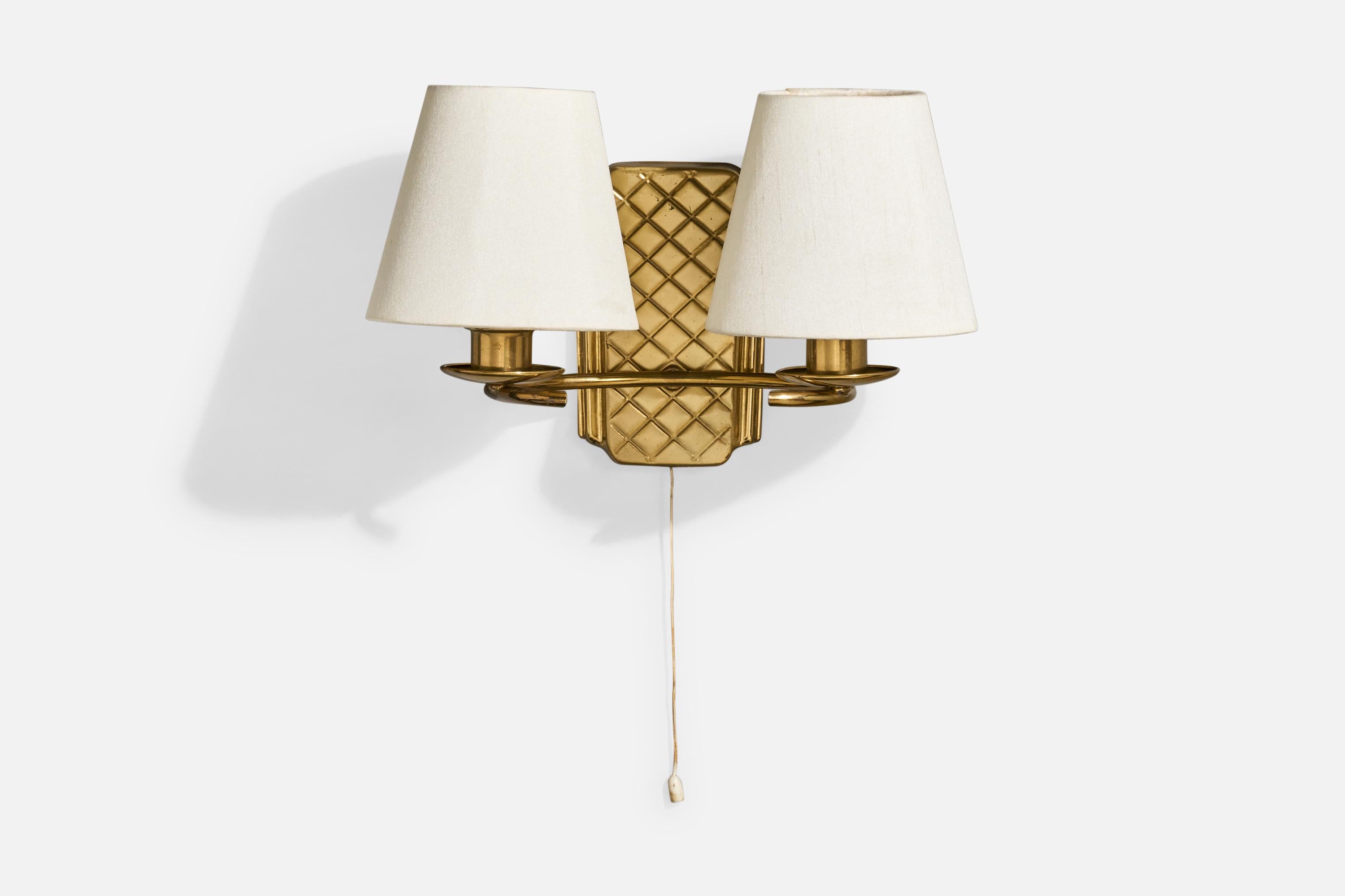 Mid-20th Century German Designer, Wall Lights, Brass, Fabric, Germany, 1950s
