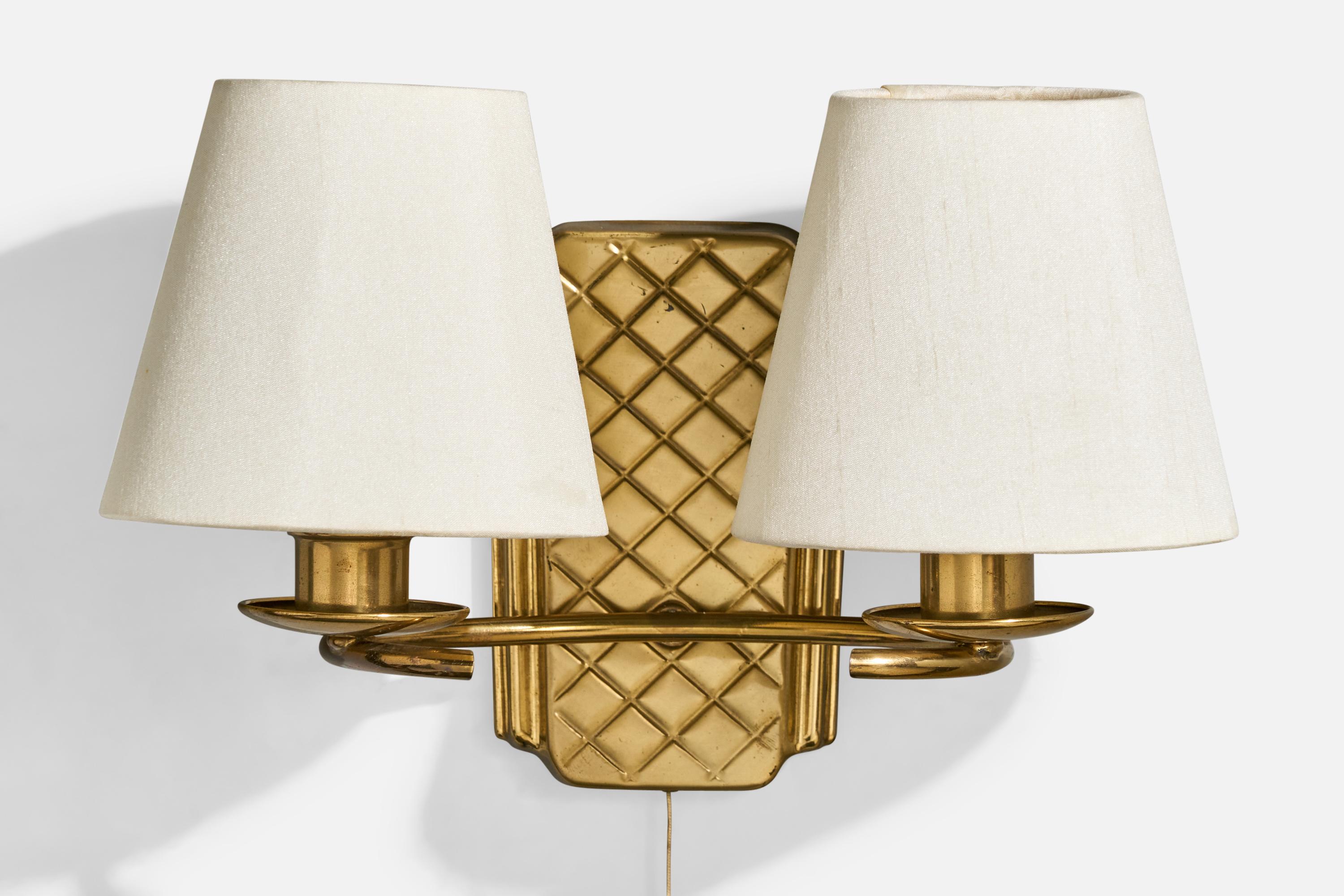 German Designer, Wall Lights, Brass, Fabric, Germany, 1950s 1