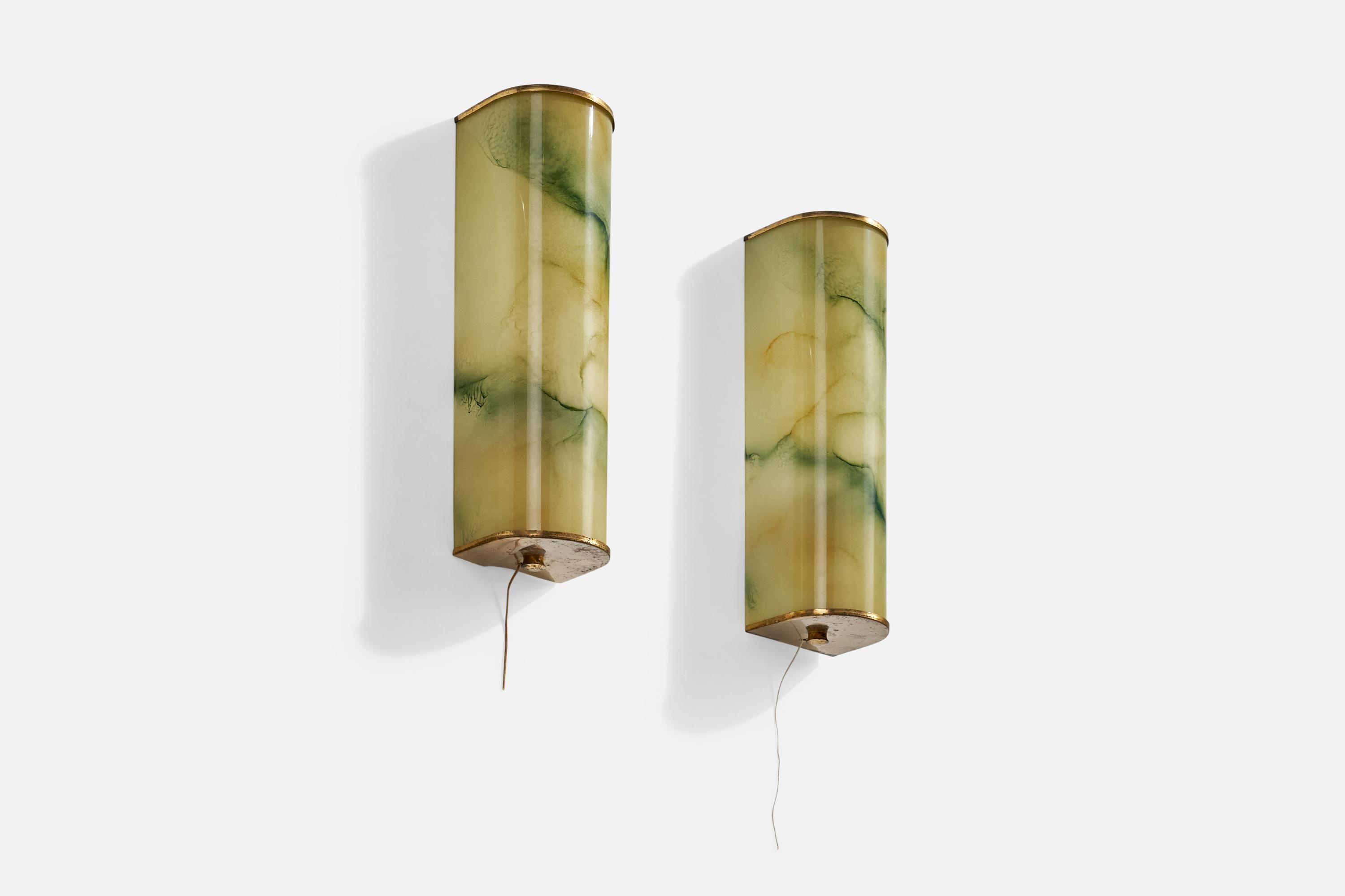 A pair of brass and alabaster-imprinted opaline glass wall lights designed and produced in Germany, c. 1920s.

Overall Dimensions (Inches): 12.5” H x 3.5” W x 3“ D

Back Plate Dimensions (Inches): 11.75” H x 1.5” W 

Bulb Specifications: