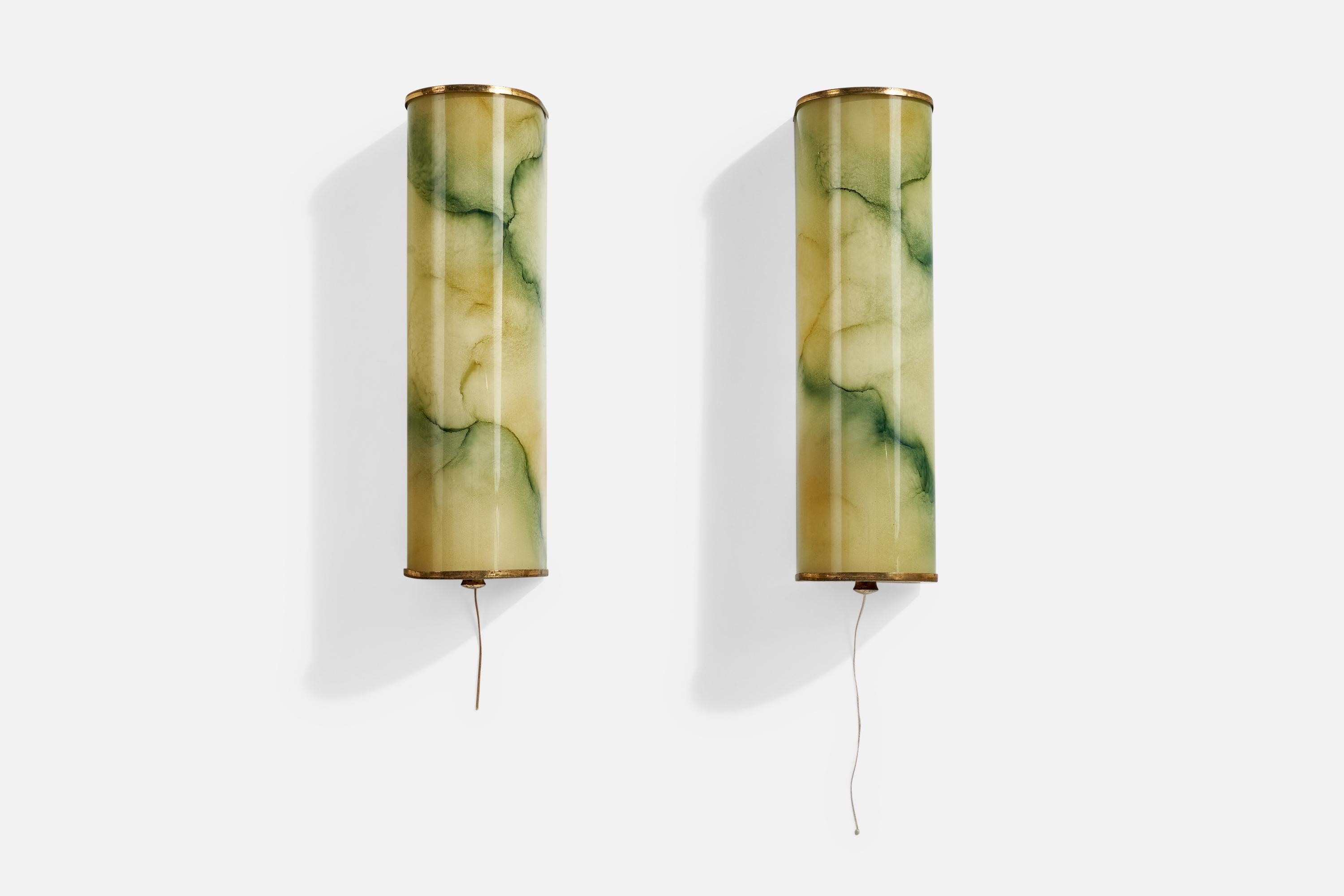 Bauhaus German Designer, Wall Lights, Brass, Glass, Germany, 1920s For Sale