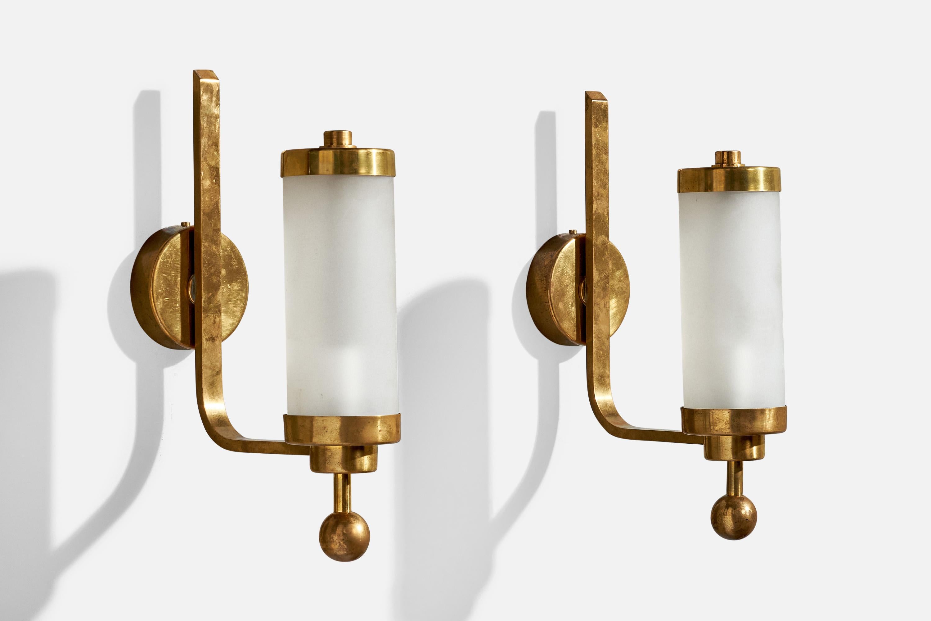A pair of brass and opaline glass wall lights designed and produced in Germany, c. 1930s.

Overall Dimensions (inches):  16” H x  4” W x  9.5” D

Back Plate Dimensions (Inches):  3.875” H x 4” W x 1.125” D

Bulb Specifications: E-14

Number of