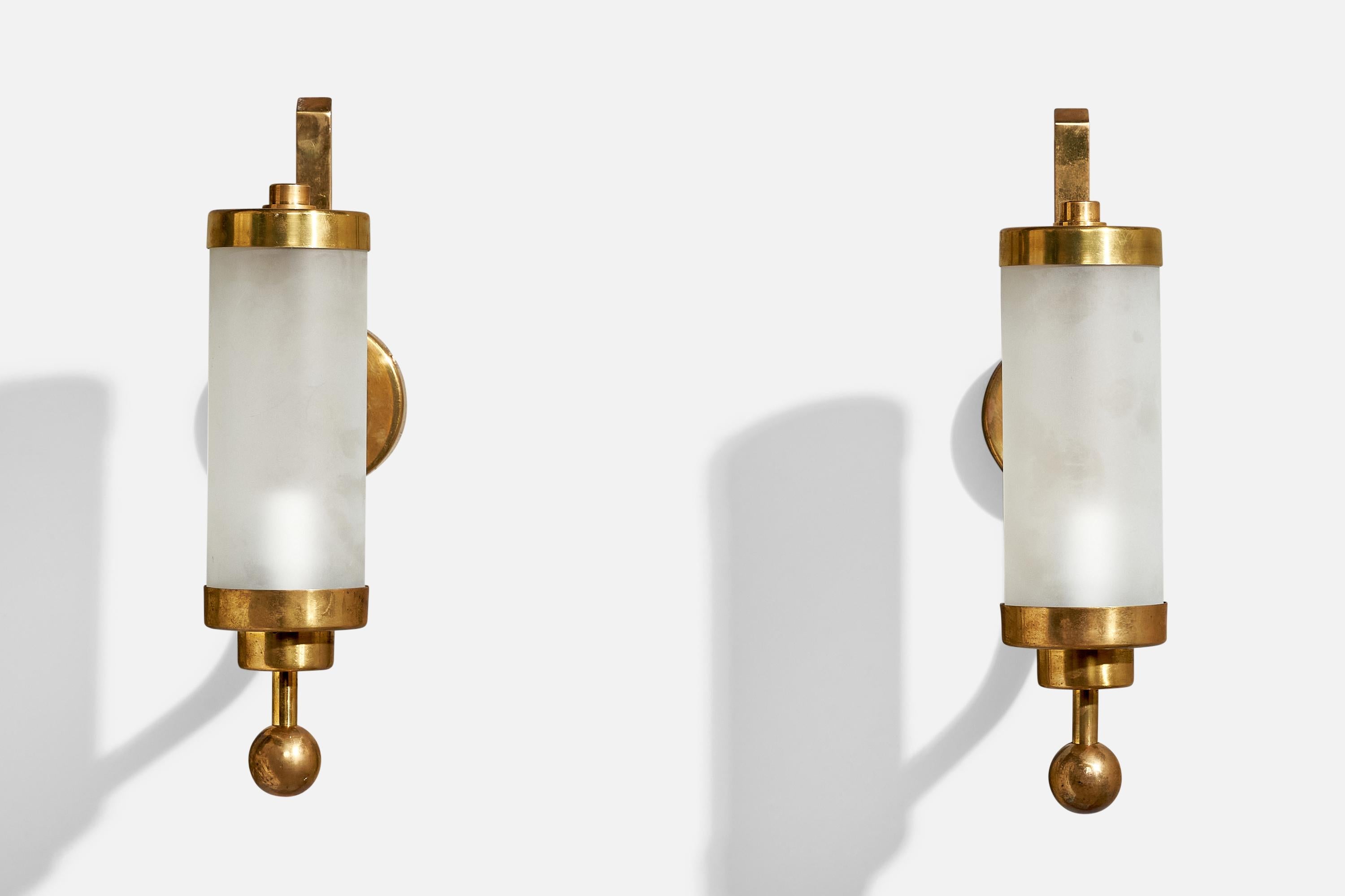 Bauhaus German Designer, Wall Lights, Brass, Glass, Germany, 1930s For Sale