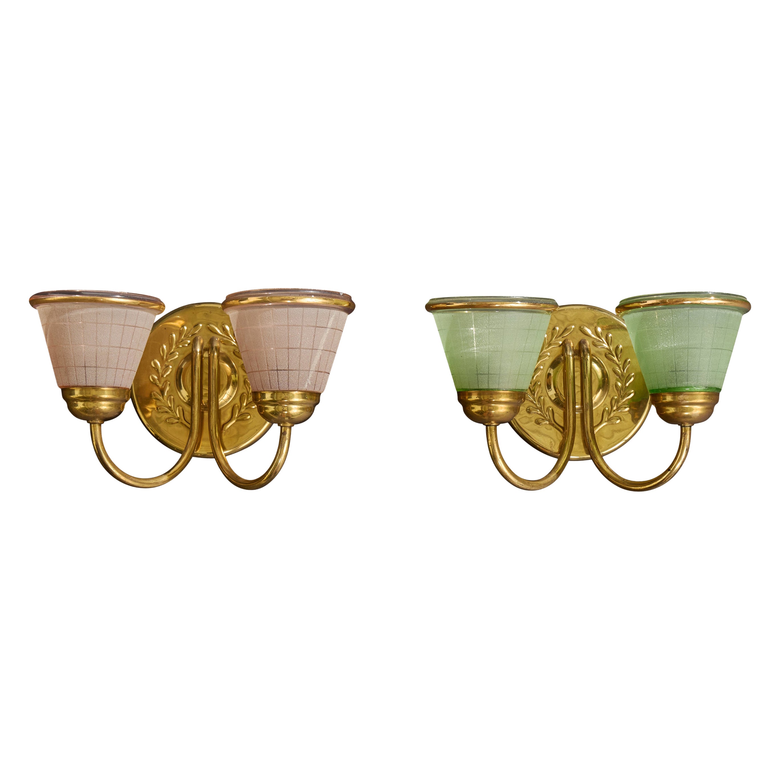 German Designer, Wall Lights, Brass, Glass, Germany, 1950s