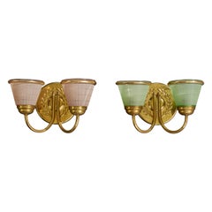 German Designer, Wall Lights, Brass, Glass, Germany, 1950s