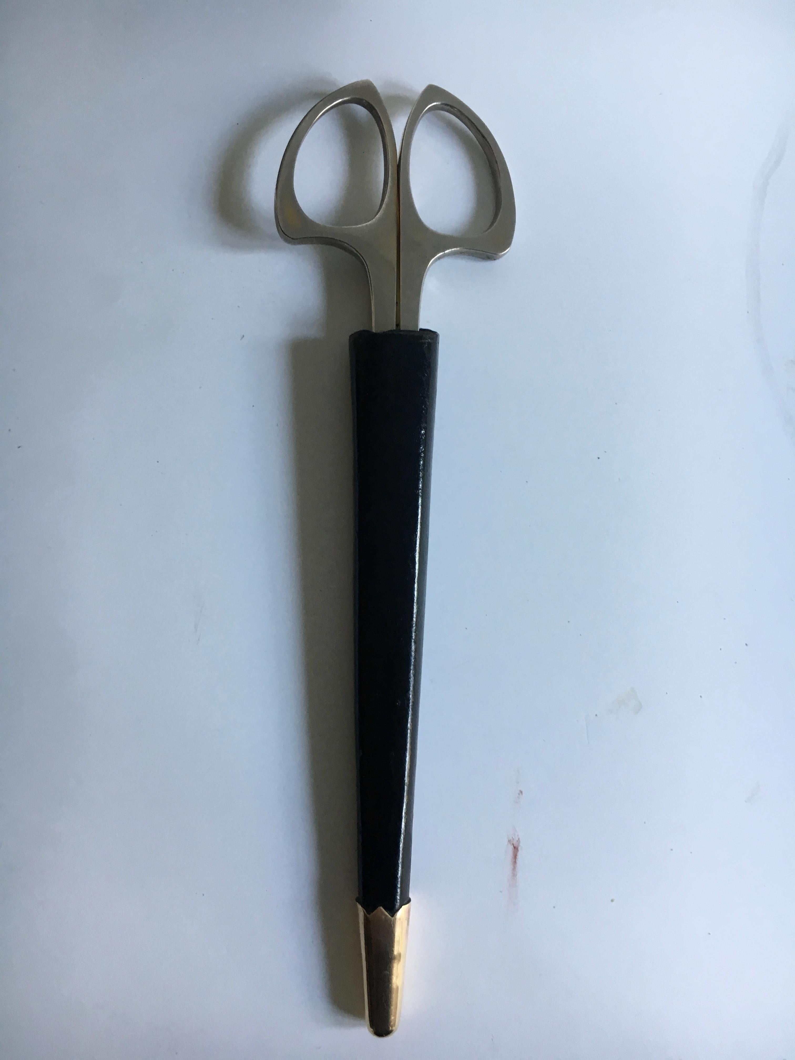 German Desk Scissor Set in Leather and Brass Case 1