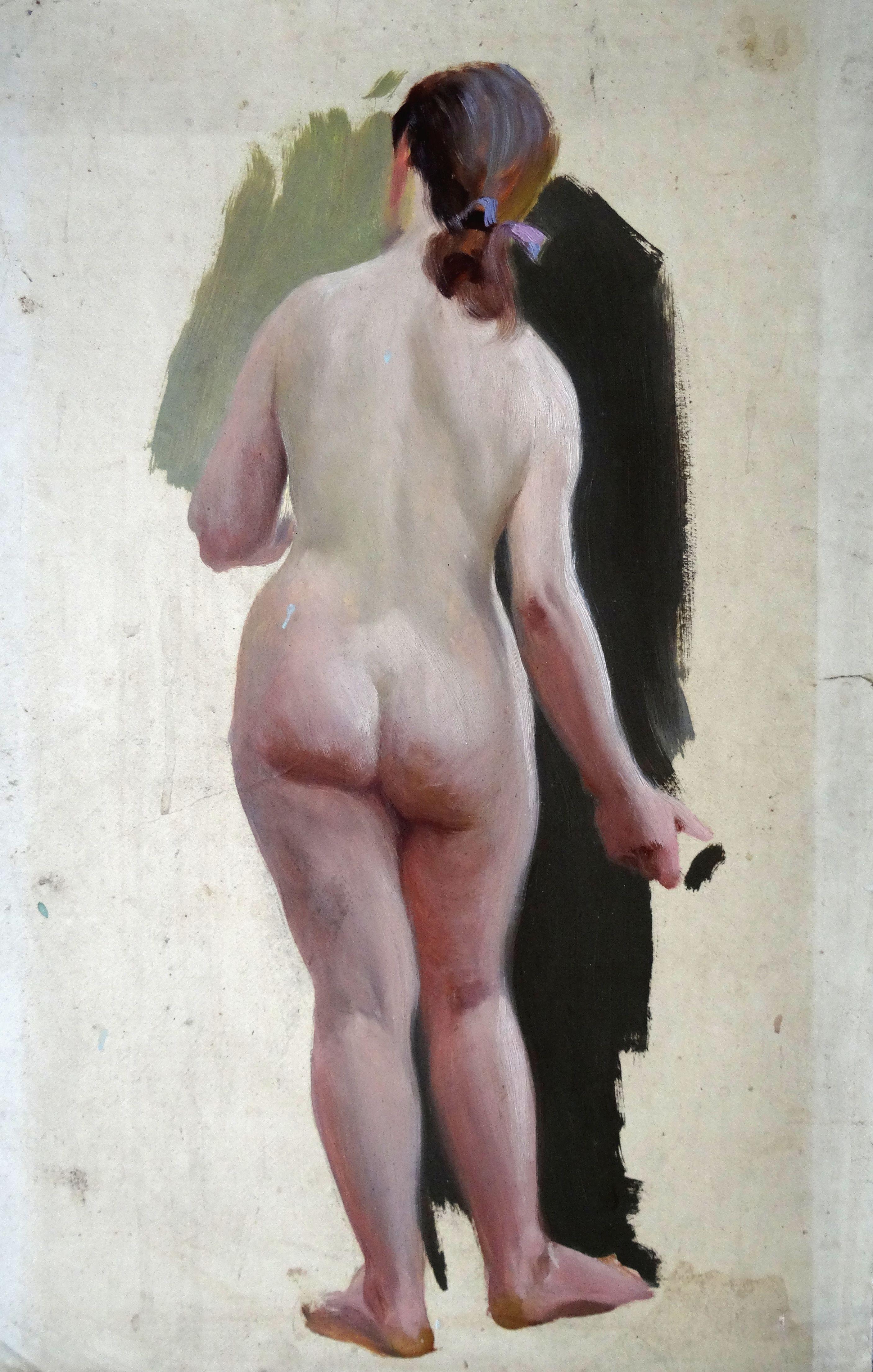 German Dontsov Figurative Painting - Act. Double sided. cardboard, oil, 71x45 cm