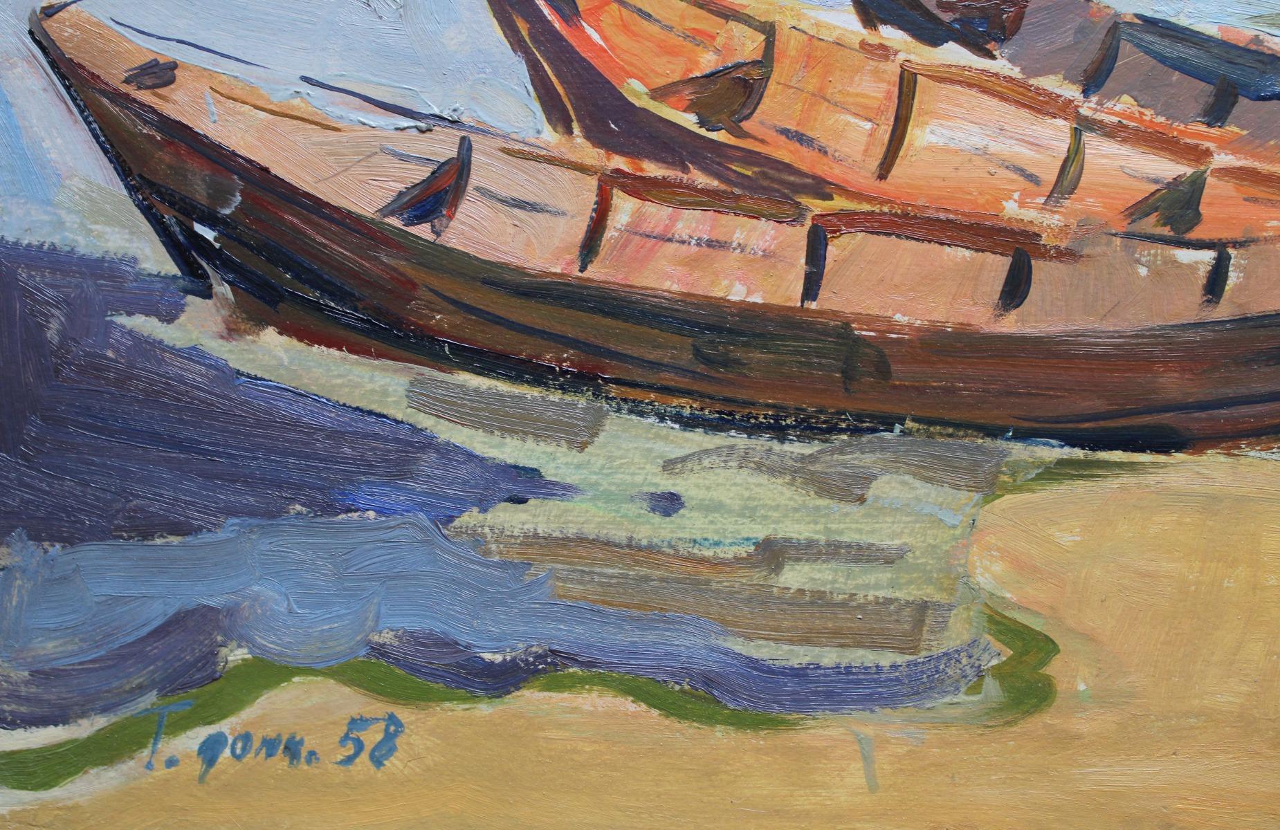Boats. 1958. Cardboard, oil, 53.5x70 cm - Impressionist Painting by German Dontsov