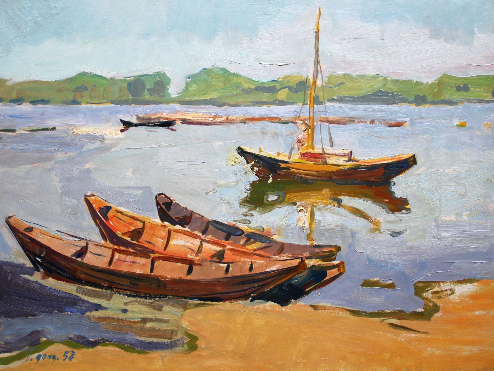 Boats. 1958. Cardboard, oil, 53.5x70 cm - Painting by German Dontsov