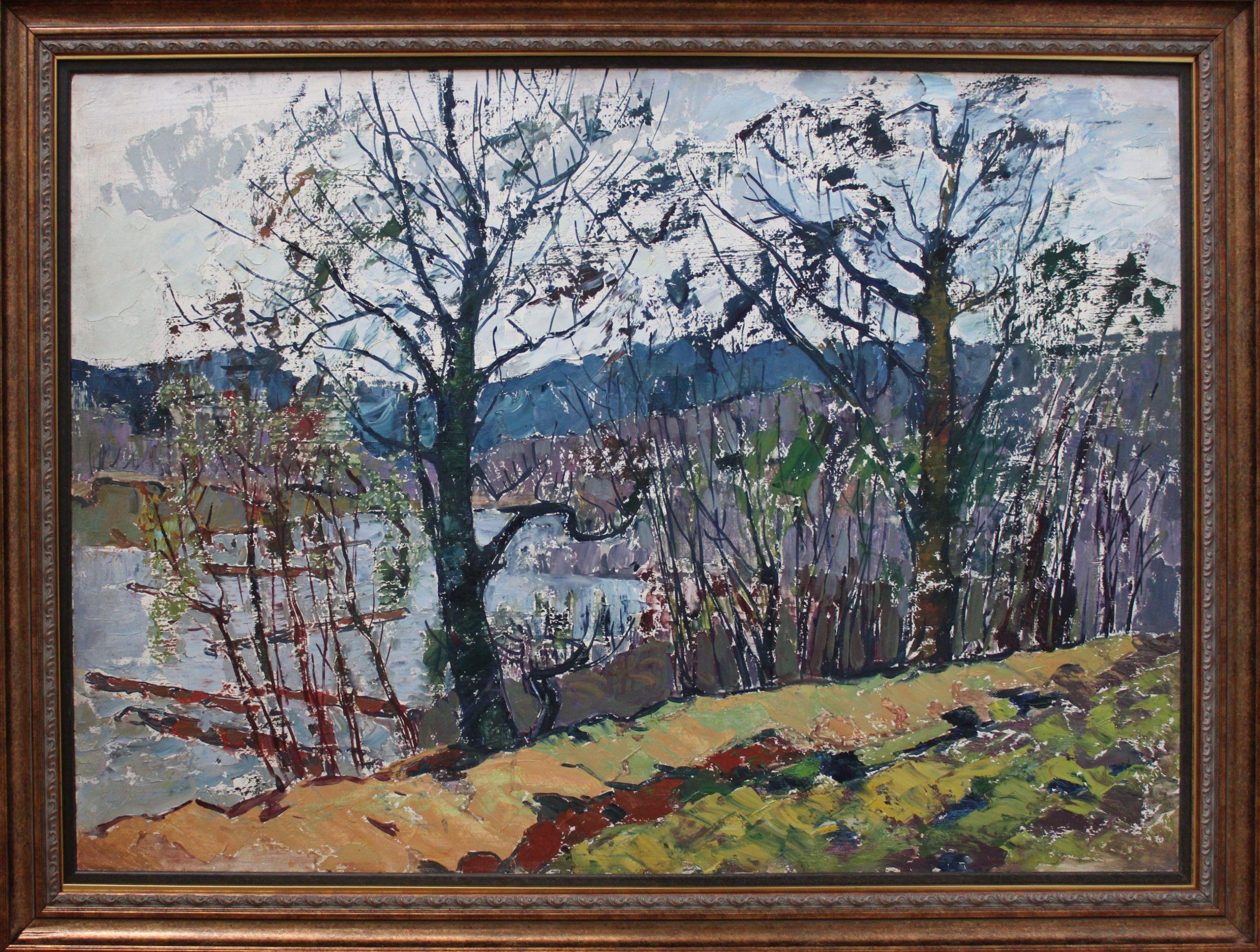 Paesaggio con fiume. 1980, olio su cartone, 69x100 cm - Painting Impressionismo di German Dontsov