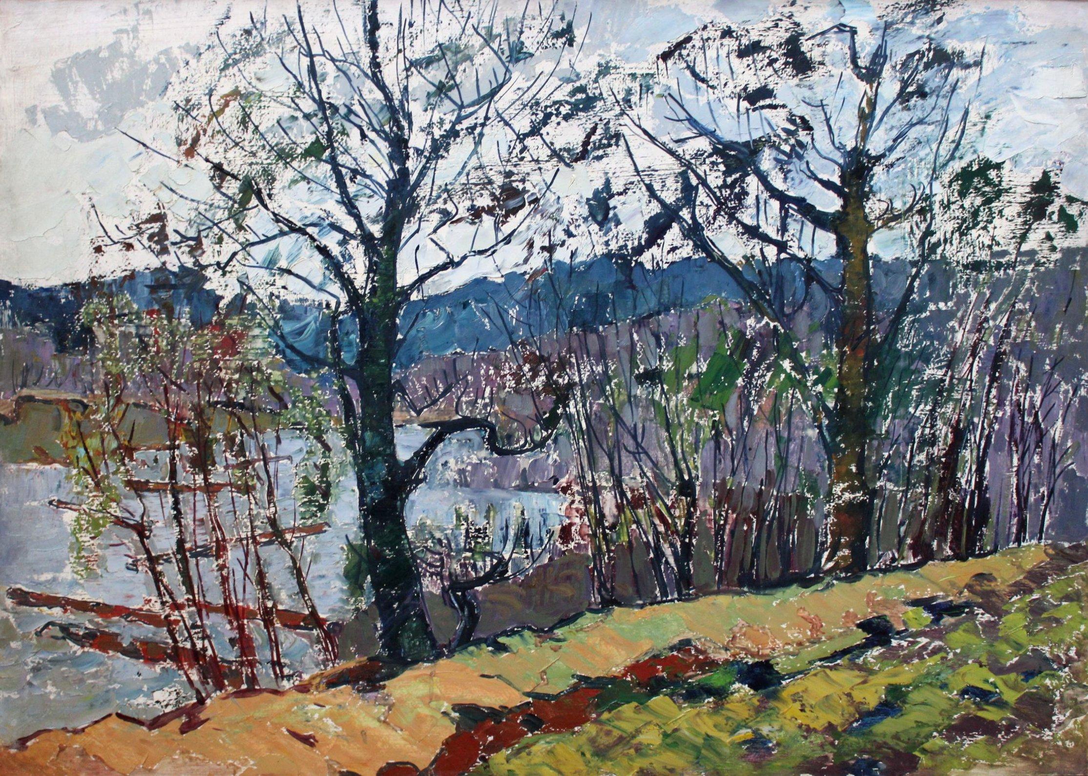 Paesaggio con fiume. 1980, olio su cartone, 69x100 cm - Painting di German Dontsov