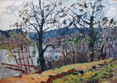 Paesaggio con fiume. 1980, olio su cartone, 69x100 cm