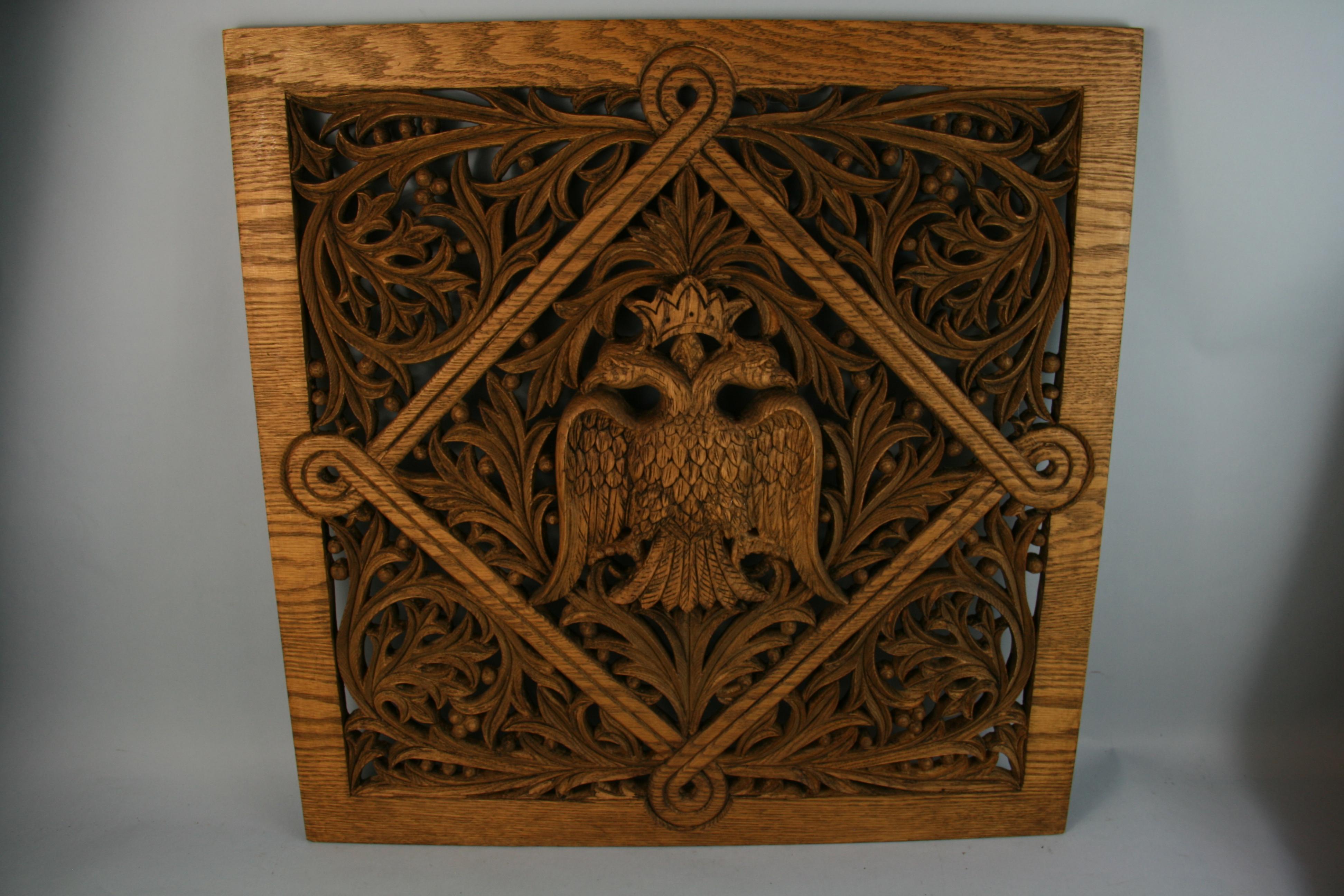 German Double Eagle and Leaves Carved Oak Panel For Sale 1
