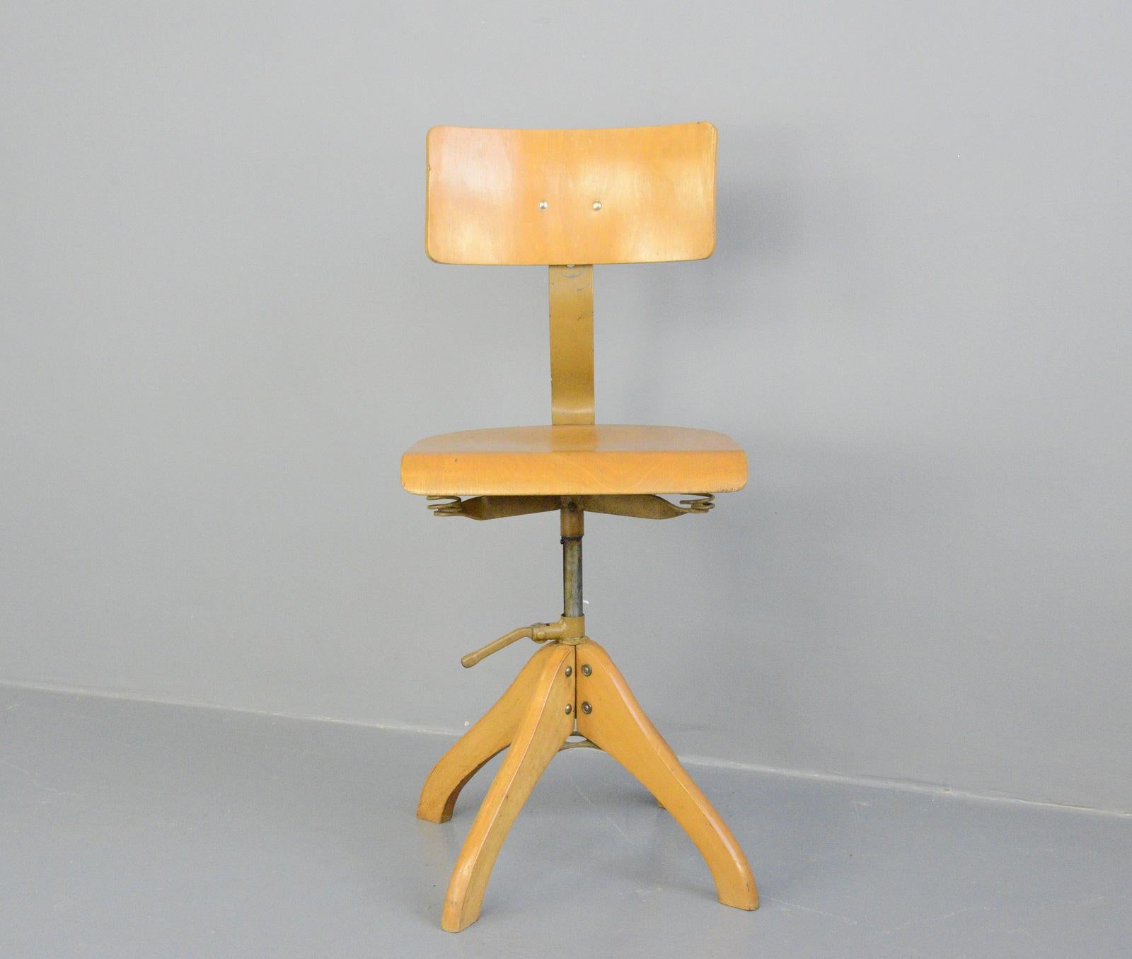 German Draftsman's chair by Polstergleich, circa 1930s 

- Height adjustable
- Sprung seat and backrest
- Beech legs, seat and backrest
- Bakelite backrest knob with makers mark
- German ~ 1930s
- 40cm wide x 48cm deep
- Seat height range
