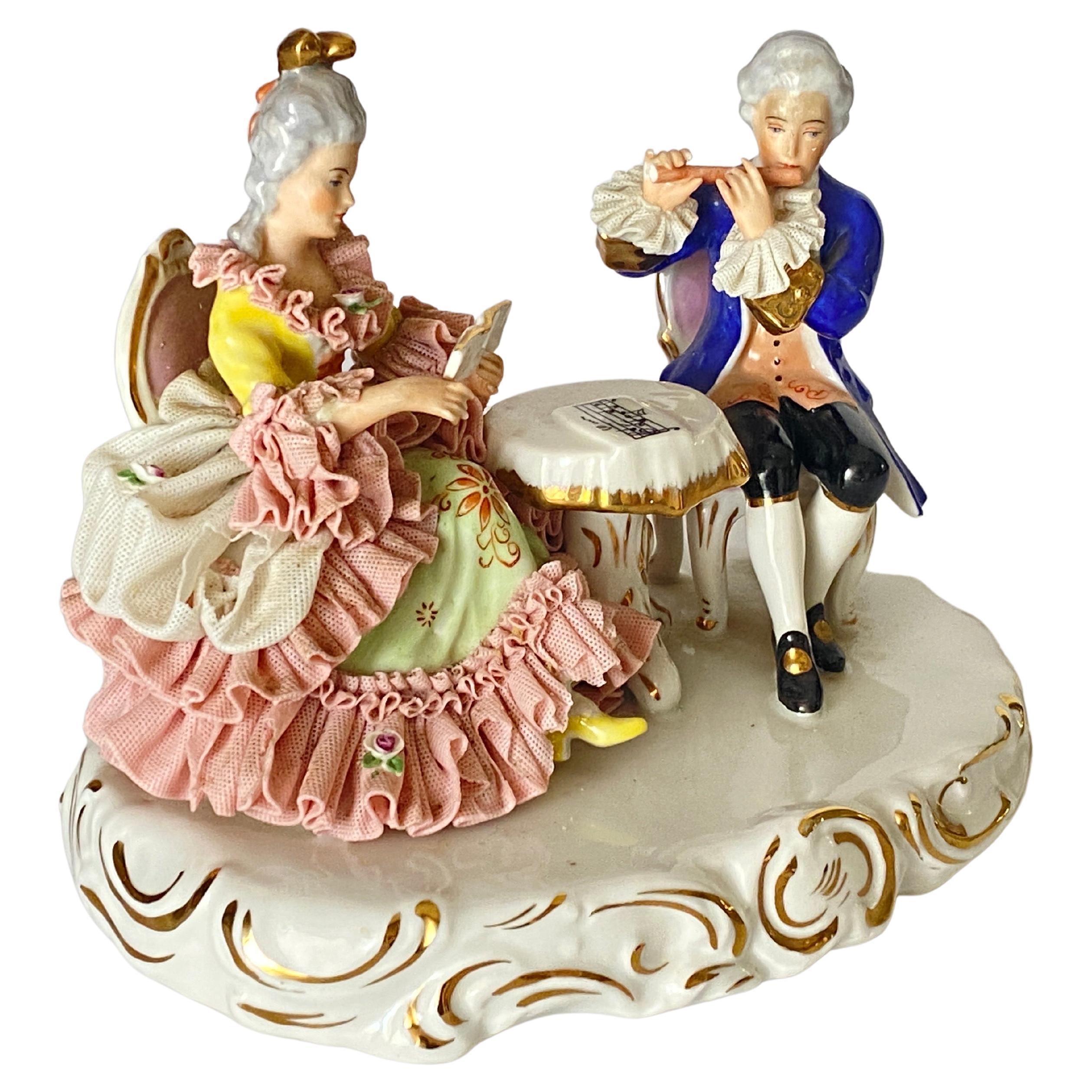 German Dresden Lace Porcelain Figurine Group, Couple Playing Chess Blue and Pink