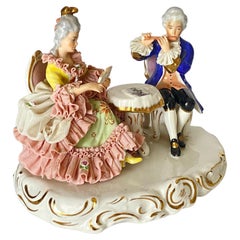 Antique German Dresden Lace Porcelain Figurine Group, Couple Playing Chess Blue and Pink