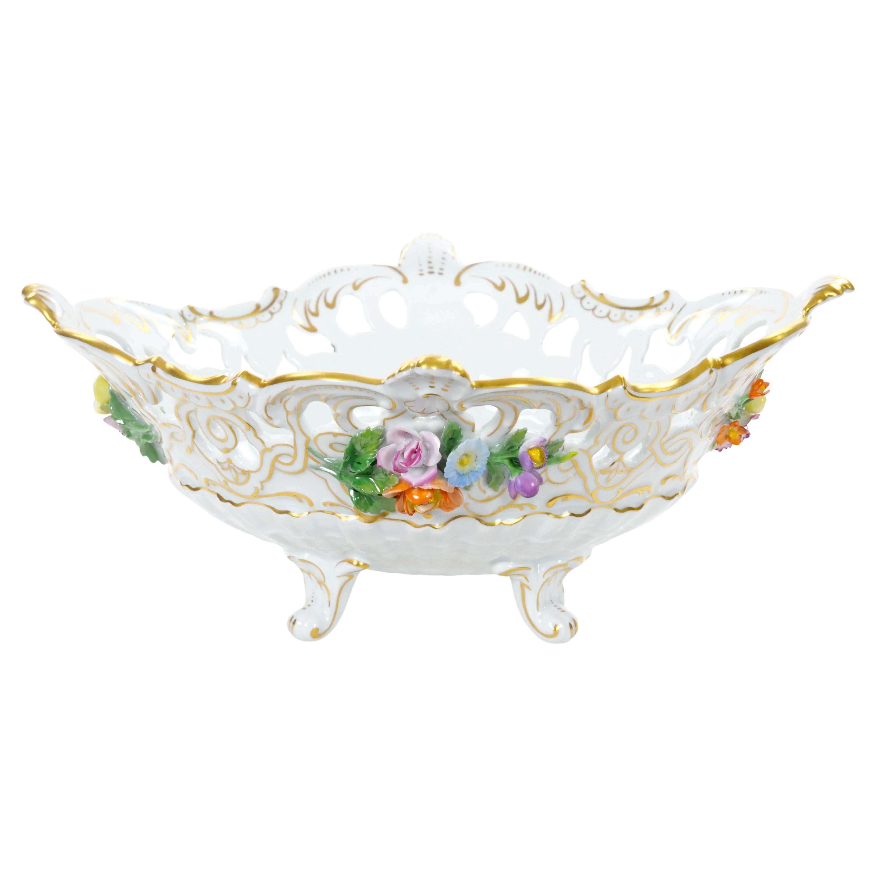 German Dresden Porcelain Reticulated Centerpiece with Floral Motifs/Gilt Accents