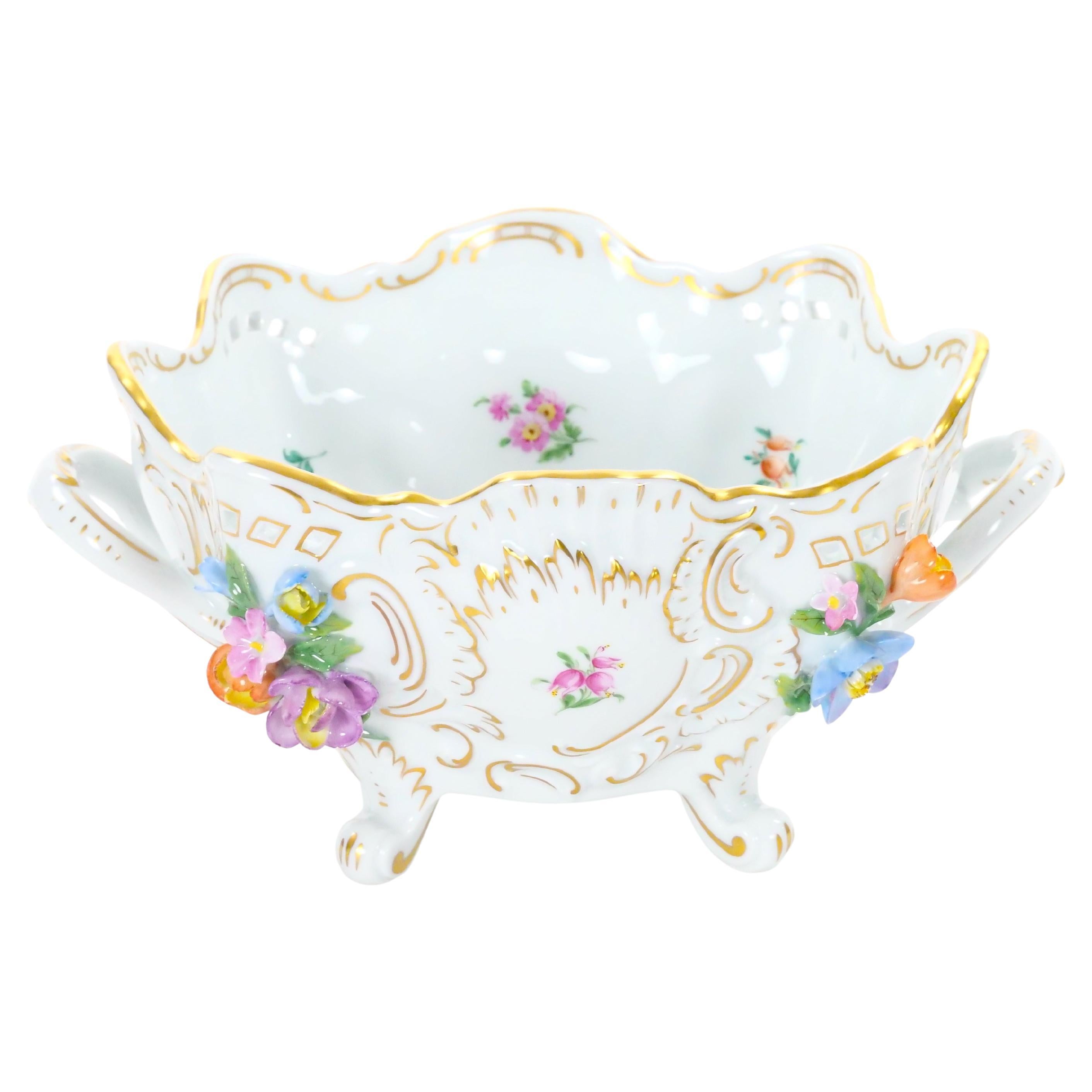 German Dresden Porcelain Reticulated Footed Bowl with Floral Motifs/Gilt Accents