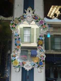 German Dresden Porcelain Serpentine Vibrant Foliage Wall Mirror, Signed, C 1870