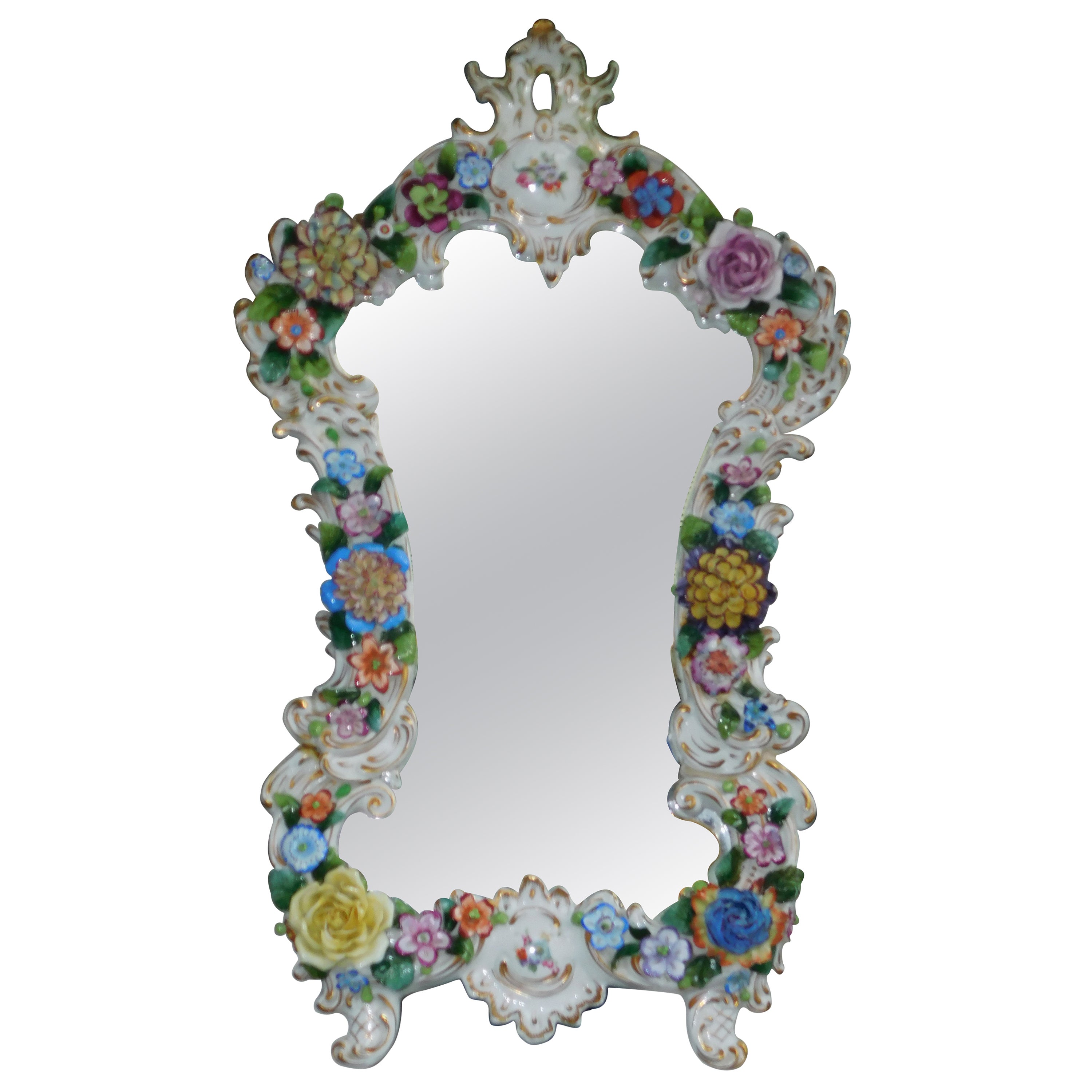 German Dresden Porcelain Serpentine Vibrant Foliage Wall Mirror, Signed, C 1870