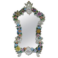 German Dresden Porcelain Serpentine Vibrant Foliage Wall Mirror, Signed, C 1870