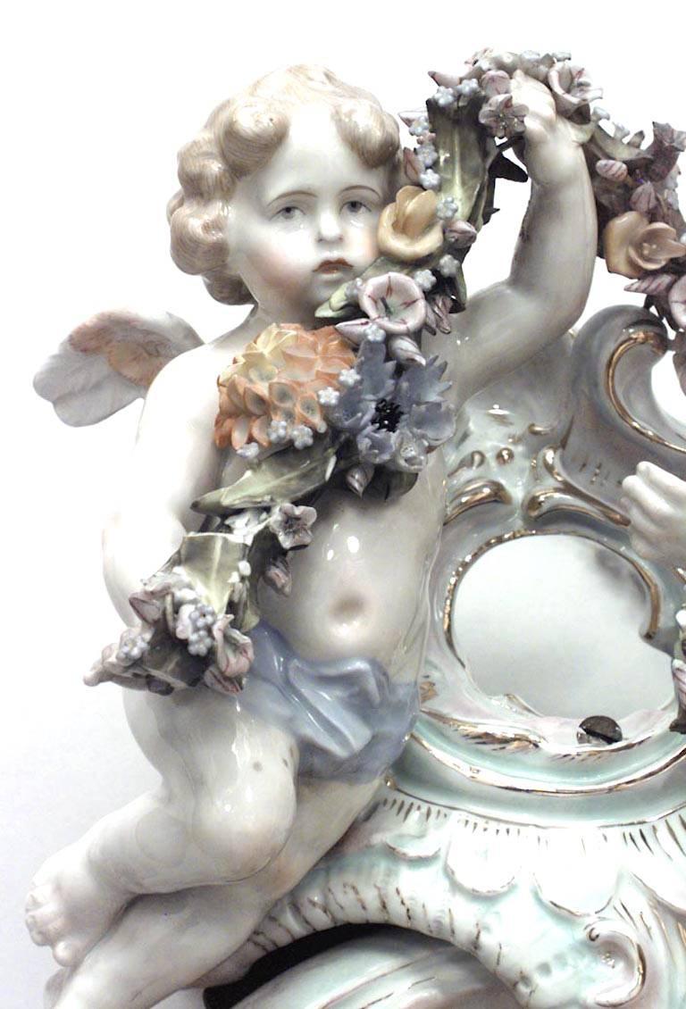German Dresden Porcelain Cherub and Garland Wall Mirror For Sale 1