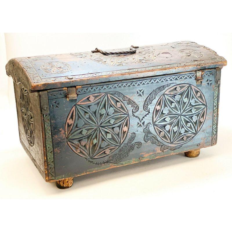 Hand-Carved German, Dutch Hand Carved Wood Chest Box or Trunk w. Iron Mounts, 18th Century