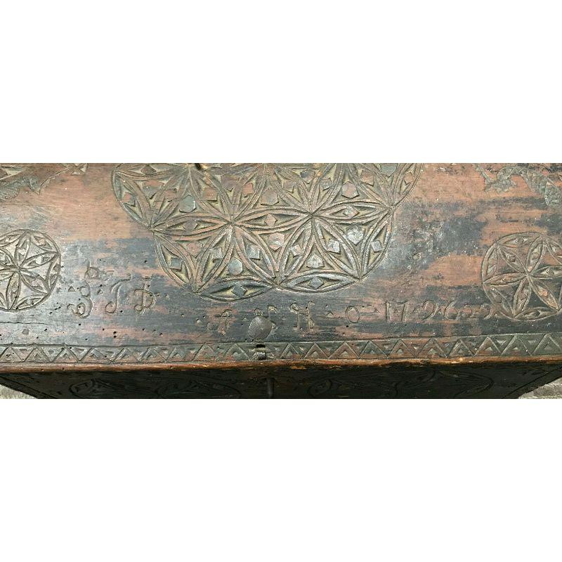 German, Dutch Hand Carved Wood Chest Box or Trunk w. Iron Mounts, 18th Century In Good Condition For Sale In Gardena, CA